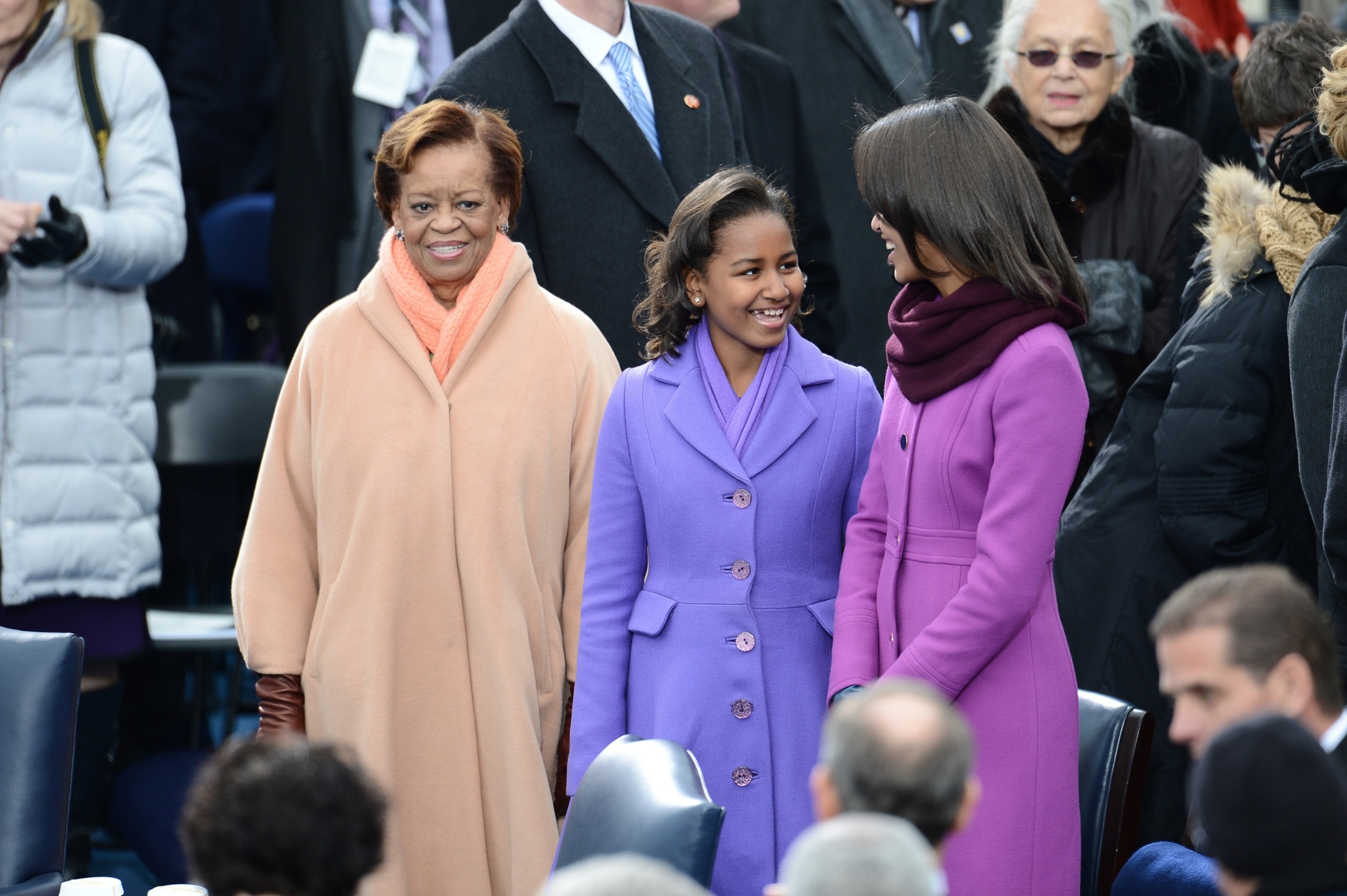 PHOTO: Marian Robinson, mother of First Lady Michelle Obama, arrives with granddaughters Sasha and Malia Obama for the 57th Presidential Inauguration, on Jan. 21, 2013. 