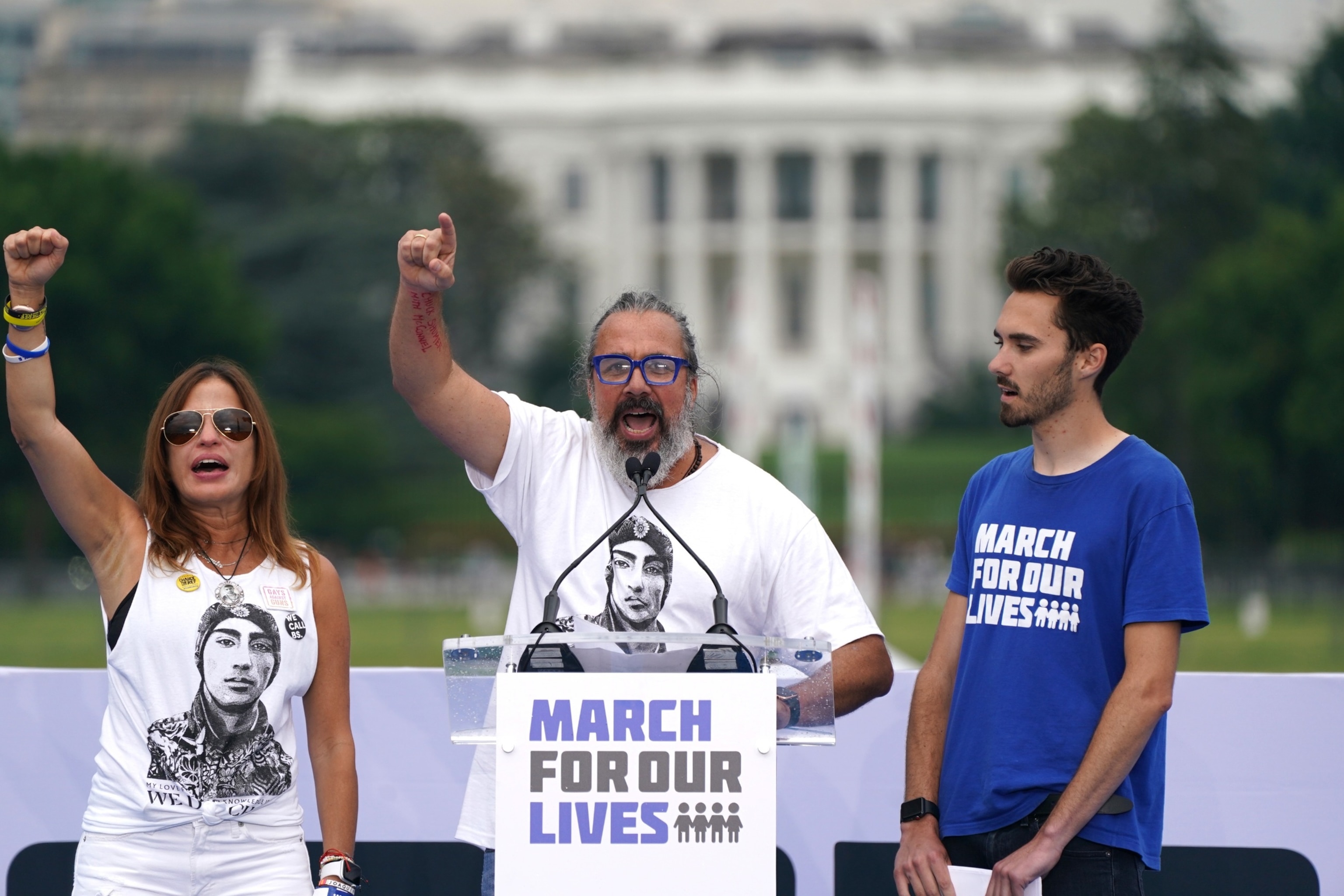 PHOTO: Manny Oliver, Patricia Oliver and David Hogg speak during March for Our Lives 2022, June 11, 2022, in Washington, D.C. 