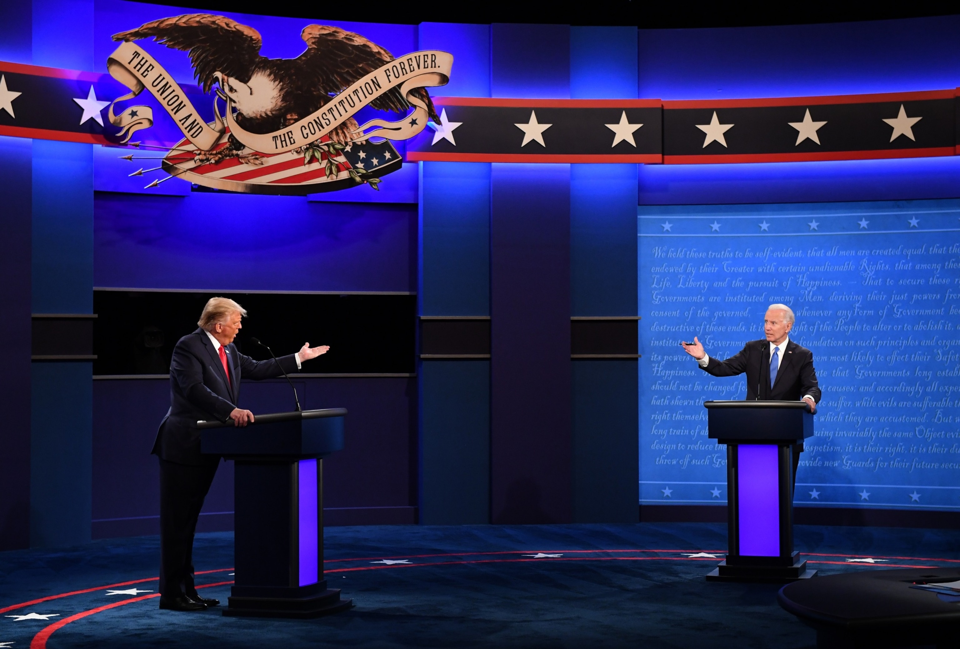 PHOTO: Joe Biden, 2020 Democratic presidential nominee, right, and President Donald Trump speak during the U.S. presidential debate at Belmont University in Nashville, Tennessee, Oct. 22, 2020.