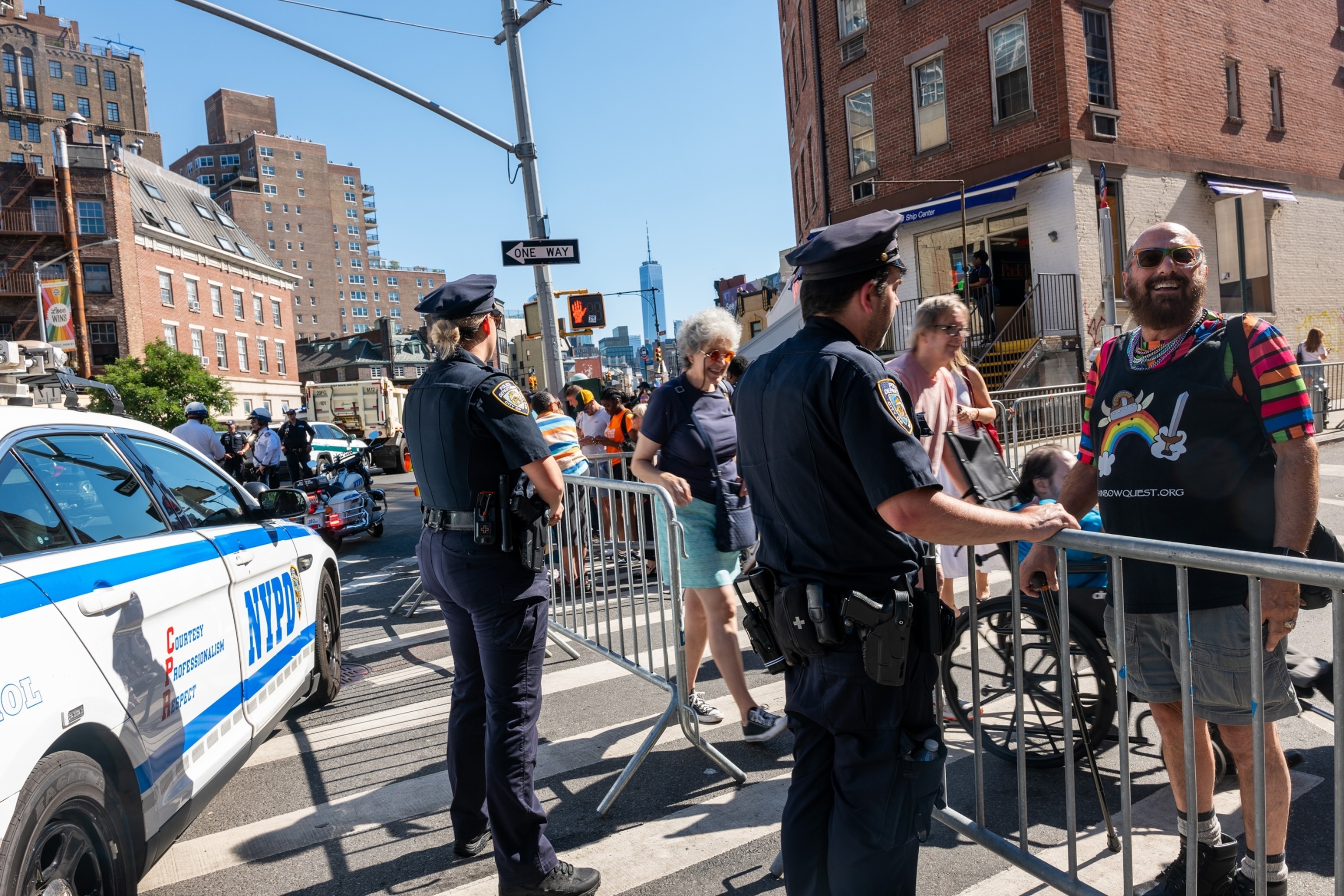 PHOTO: People gather outside of the Stonewall Inn as President Joe Biden's motorcade passes by during his visit to the historic LGBTQIA+ bar to mark the 55th anniversary of the riots, on June 28, 2024, in New York.