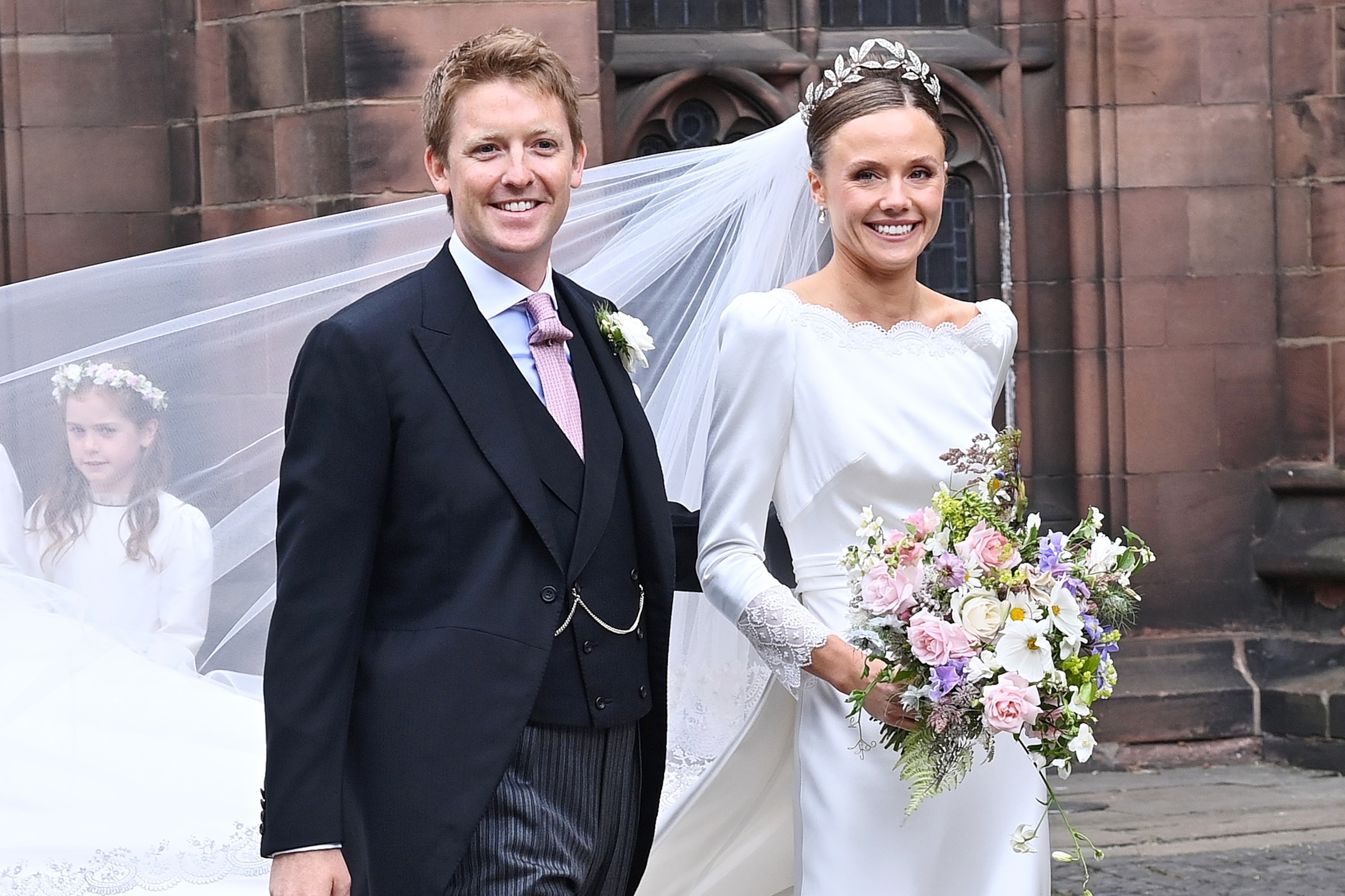 PHOTO: Hugh Grosvenor, 7th Duke of Westminster and Olivia Henson depart their wedding at Chester Cathedral on June 7, 2024 in Chester, England.