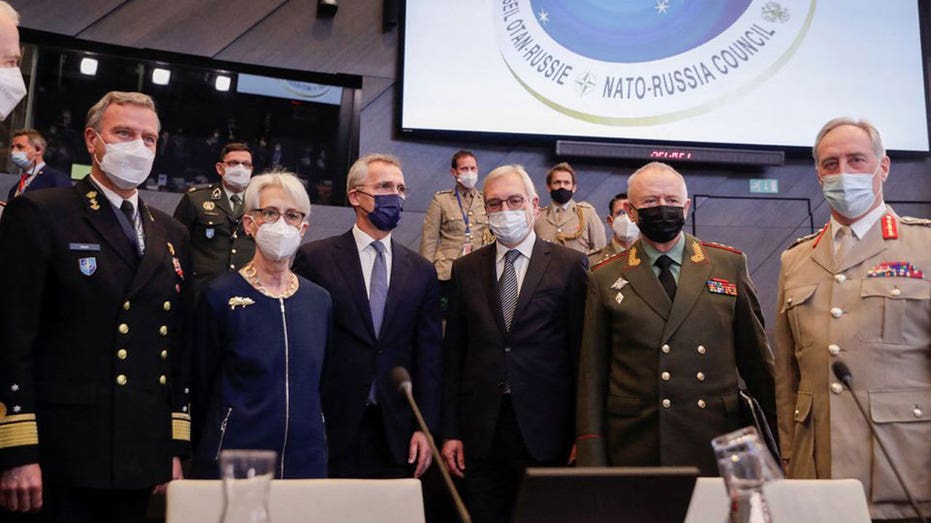 U.S. Deputy Secretary of State Wendy Sherman, NATO Secretary General Jens Stoltenberg , Russian Deputy Foreign Minister Alexander Grushko and Russian Deputy Defence Minister Colonel General Alexander Fomin during NATO-Russia Council at the Alliance's headquarters in Brussels, Belgium, Jan, 12, 2022 