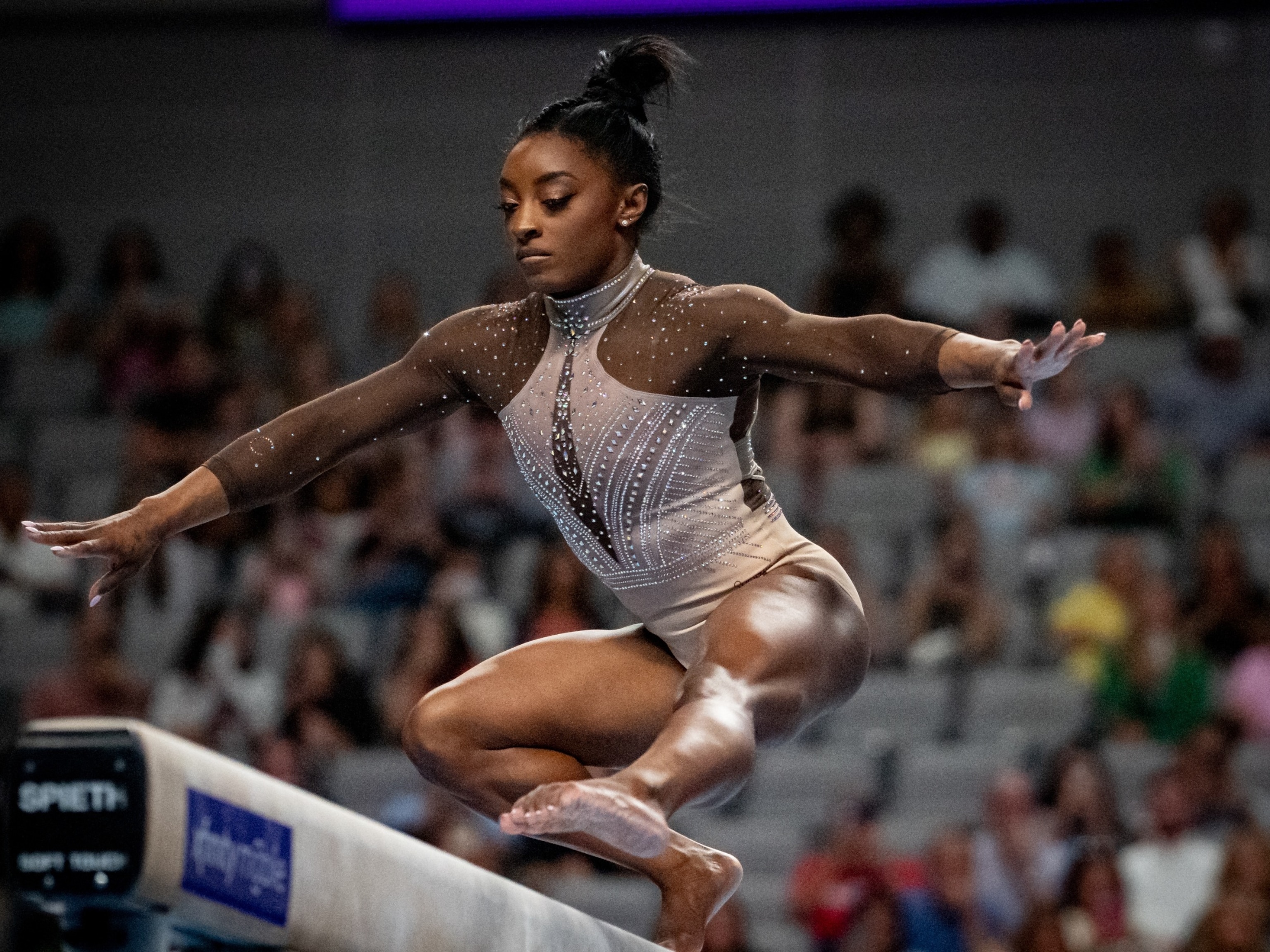 PHOTO: Simone Biles of World Champions Centre performs on the beam during day two of the women's 2024 Xfinity U.S. Gymnastics Championships at Dickies Arena on Jun 2, 2024 in Fort Worth, Texas.