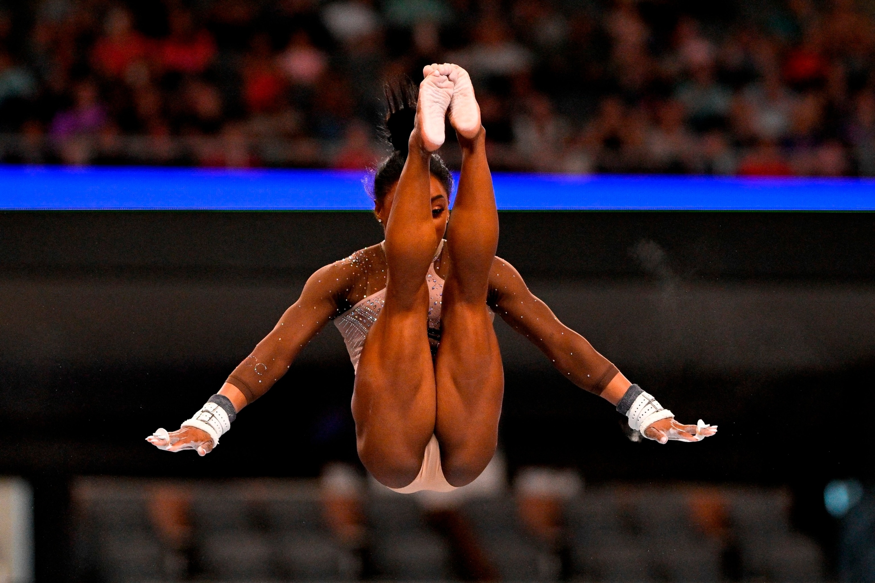 PHOTO: Simone Biles of World Champions Centre performs on uneven bars during day two of the women's 2024 Xfinity U.S. Gymnastics Championships at Dickies Arena on Jun 2, 2024 in Fort Worth, Texas.