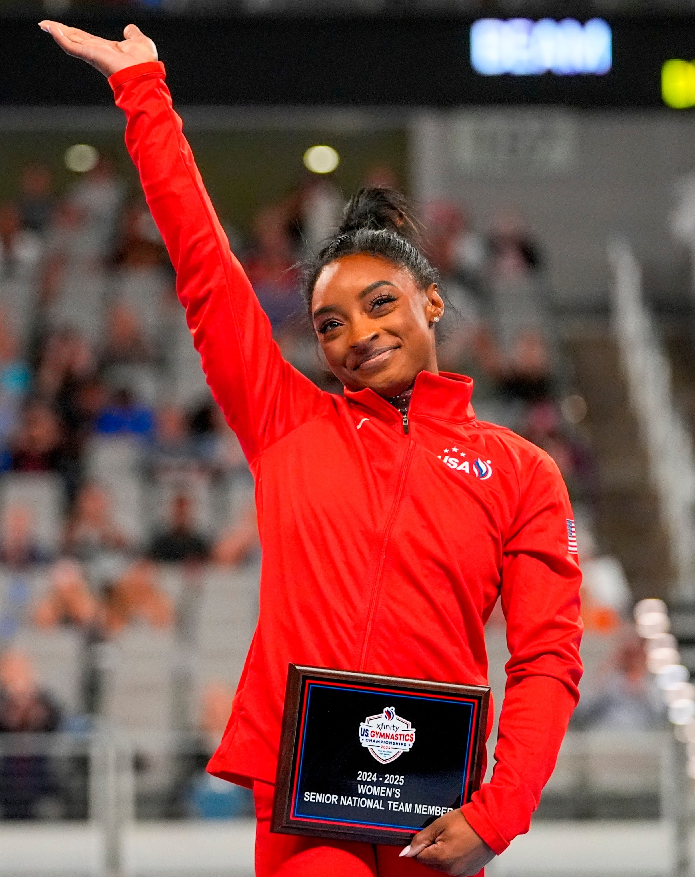PHOTO: Simone Biles reacts after being named to the U.S. women's senior national team during the U.S. Gymnastics Championships, June 2, 2024, in Fort Worth, Texas.