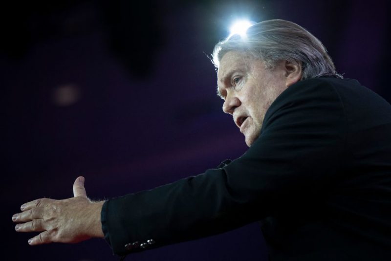 TOPSHOT - Former White House chief strategist, Steve Bannon, speaks during the 2023 Conservative Political Action Coalition (CPAC) Conference in National Harbor, Maryland, on March 3, 2023. (Photo by Brendan Smialowski / AFP) (Photo by BRENDAN SMIALOWSKI/AFP via Getty Images)