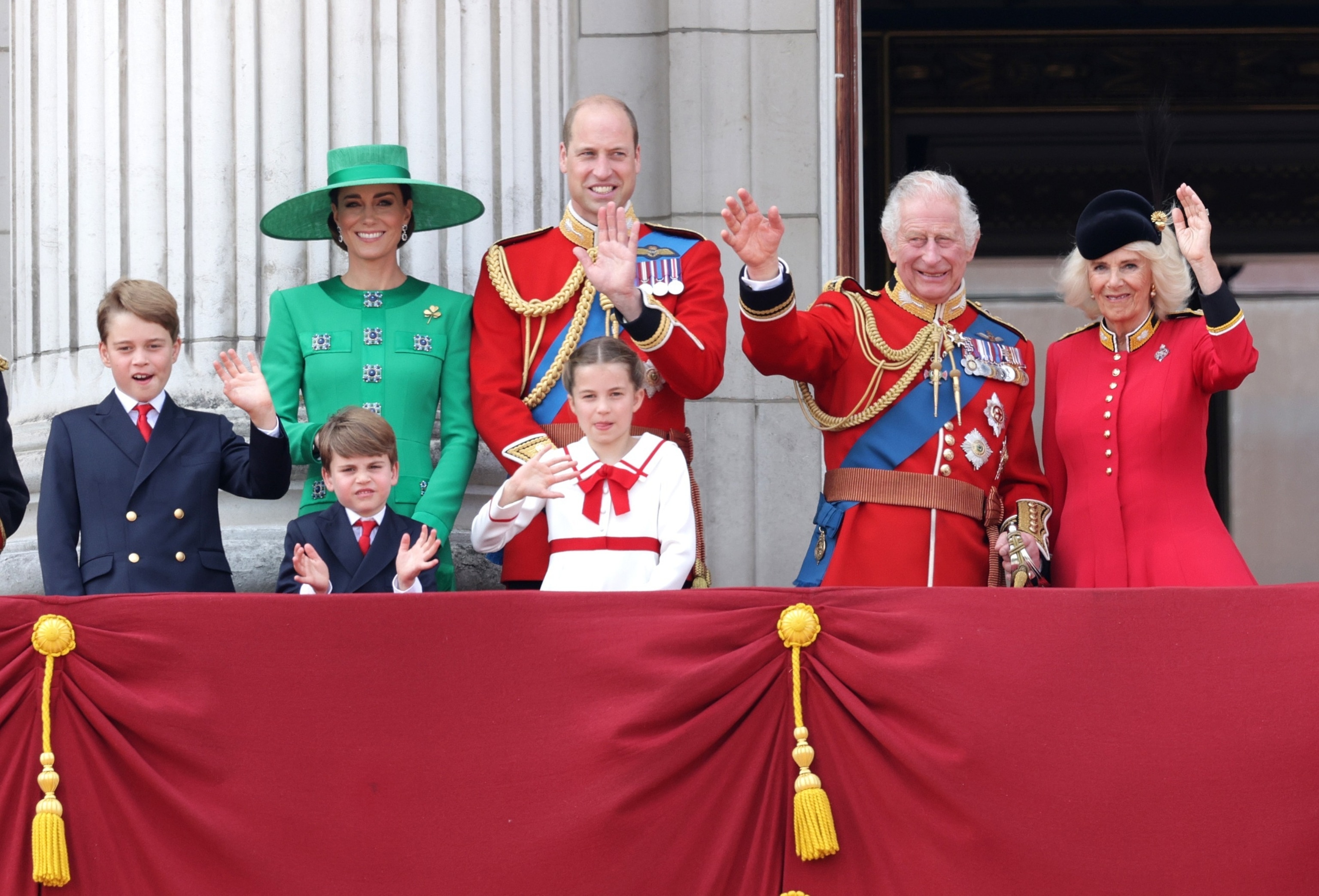 PHOTO: King Charles III and Queen Camilla wave alongside Prince William, Catherine, Princess of Wales, Prince George, Prince Louis, and Princess Charlotte on the Buckingham Palace balcony during Trooping the Color, June 17, 2023, in London.