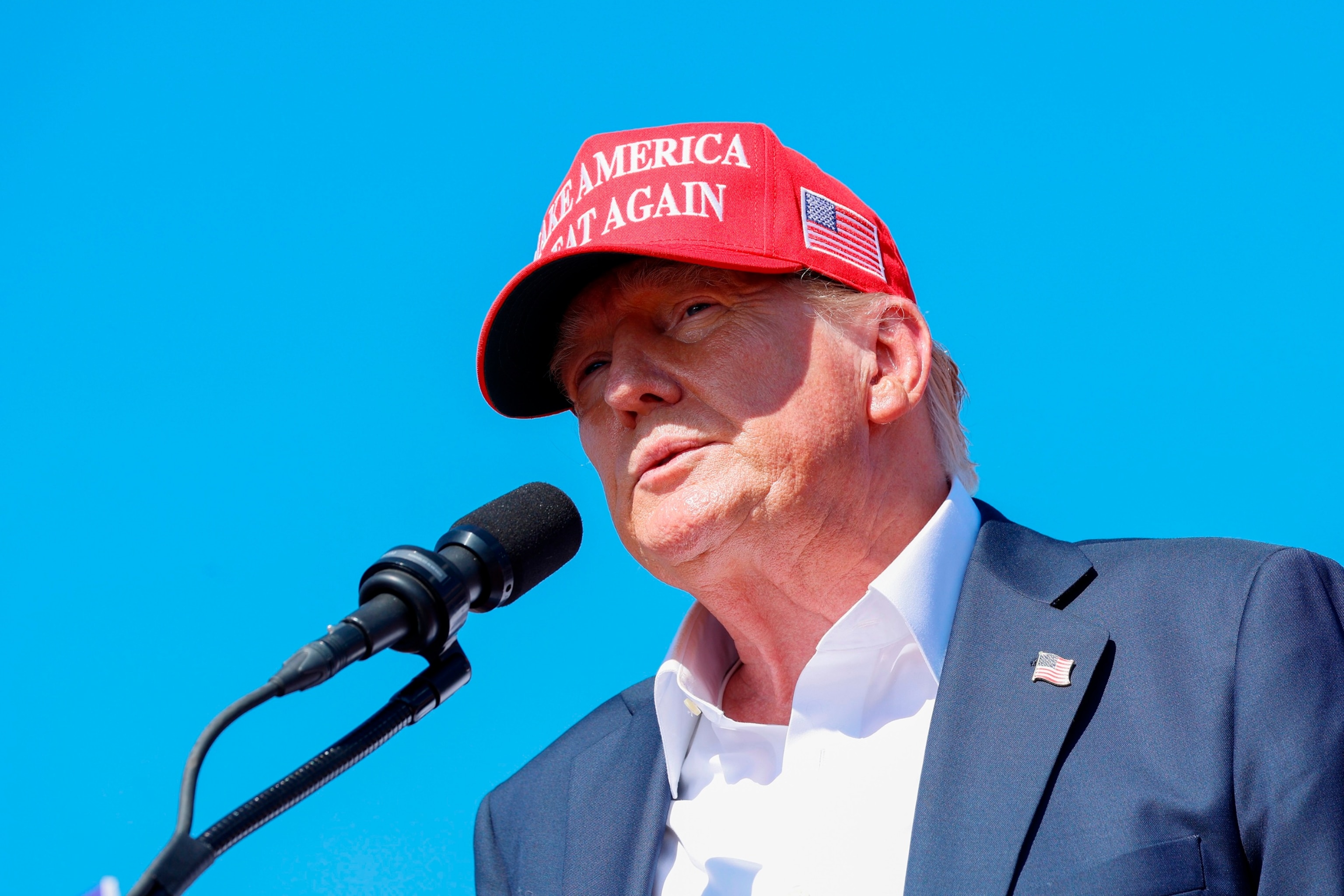 PHOTO: Republican presidential candidate, former U.S. President Donald Trump speaks during a rally at Greenbrier Farms, on June 28, 2024, in Chesapeake, Virginia. 