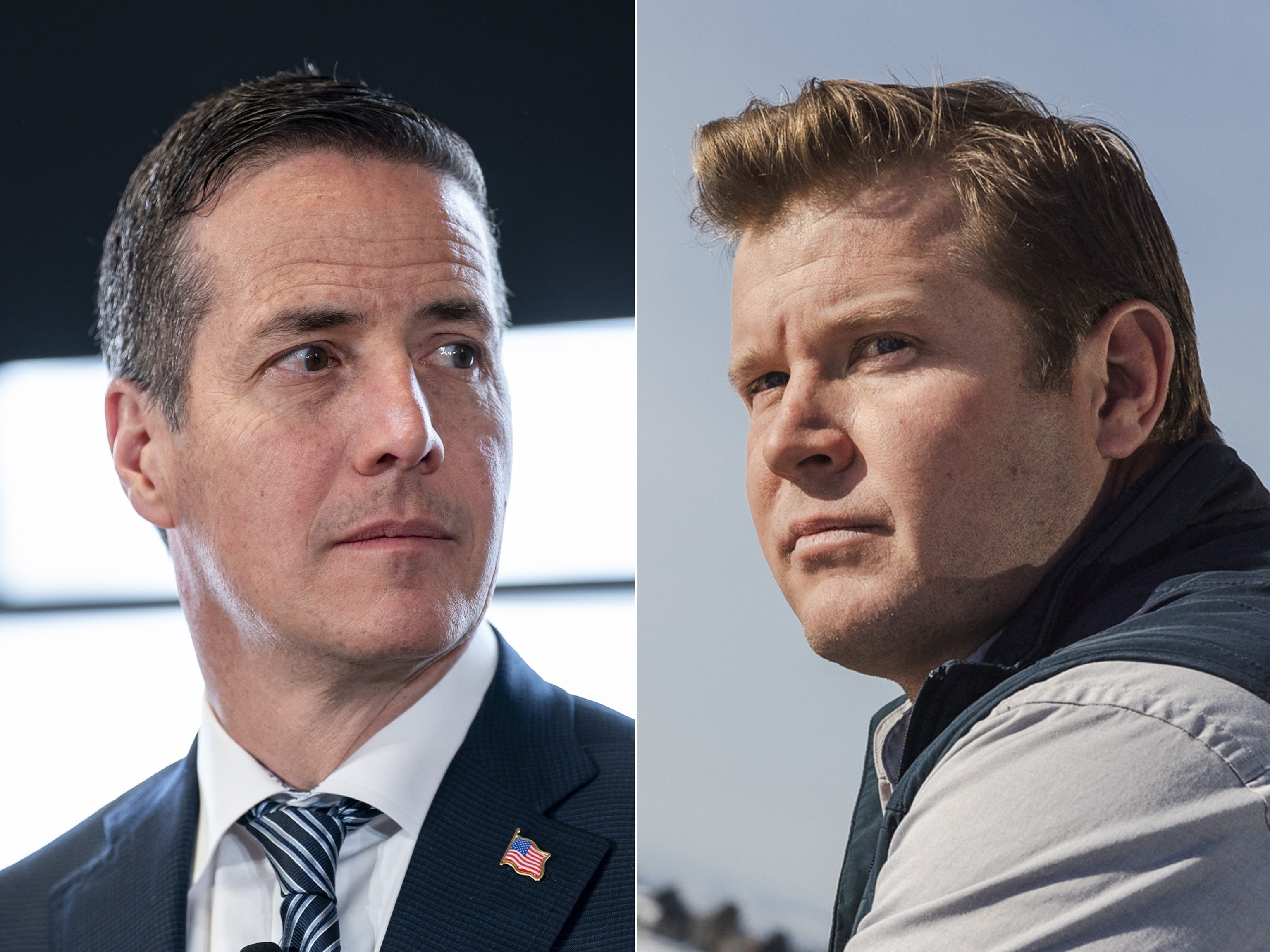 PHOTO: Split image featuring Bernie Moreno, Republican Senate candidate for Ohio, in Washington, DC, May 15, 2024, and Tim Sheehy, founder and chief executive officer of Bridger Aerospace and Republican Senate candidate for Montana on Jan. 18, 2024. 
