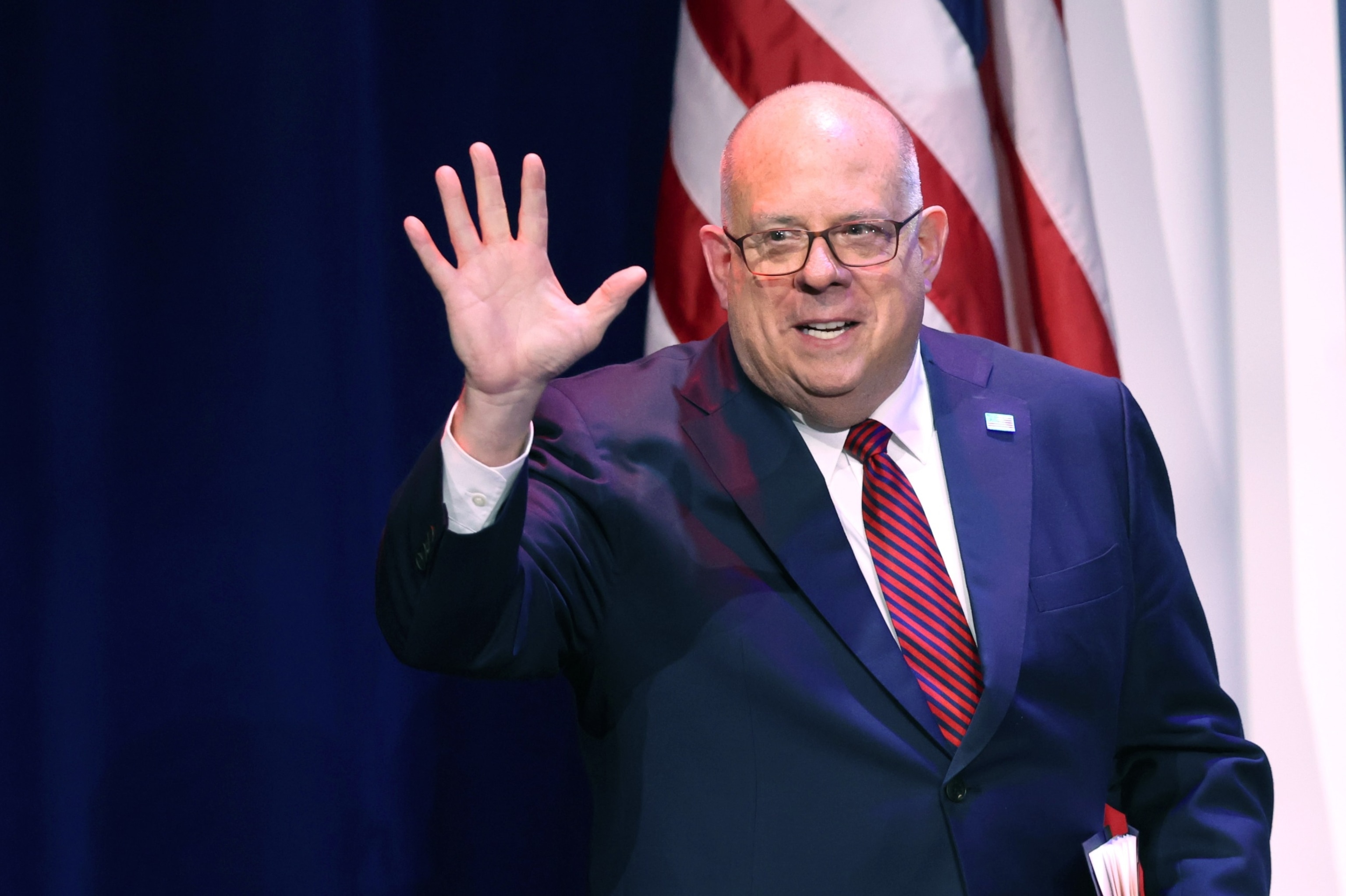 PHOTO: Maryland Governor Larry Hogan speaks to guests at the Republican Jewish Coalition Annual Leadership Meeting on Nov. 18, 2022 in Las Vegas.