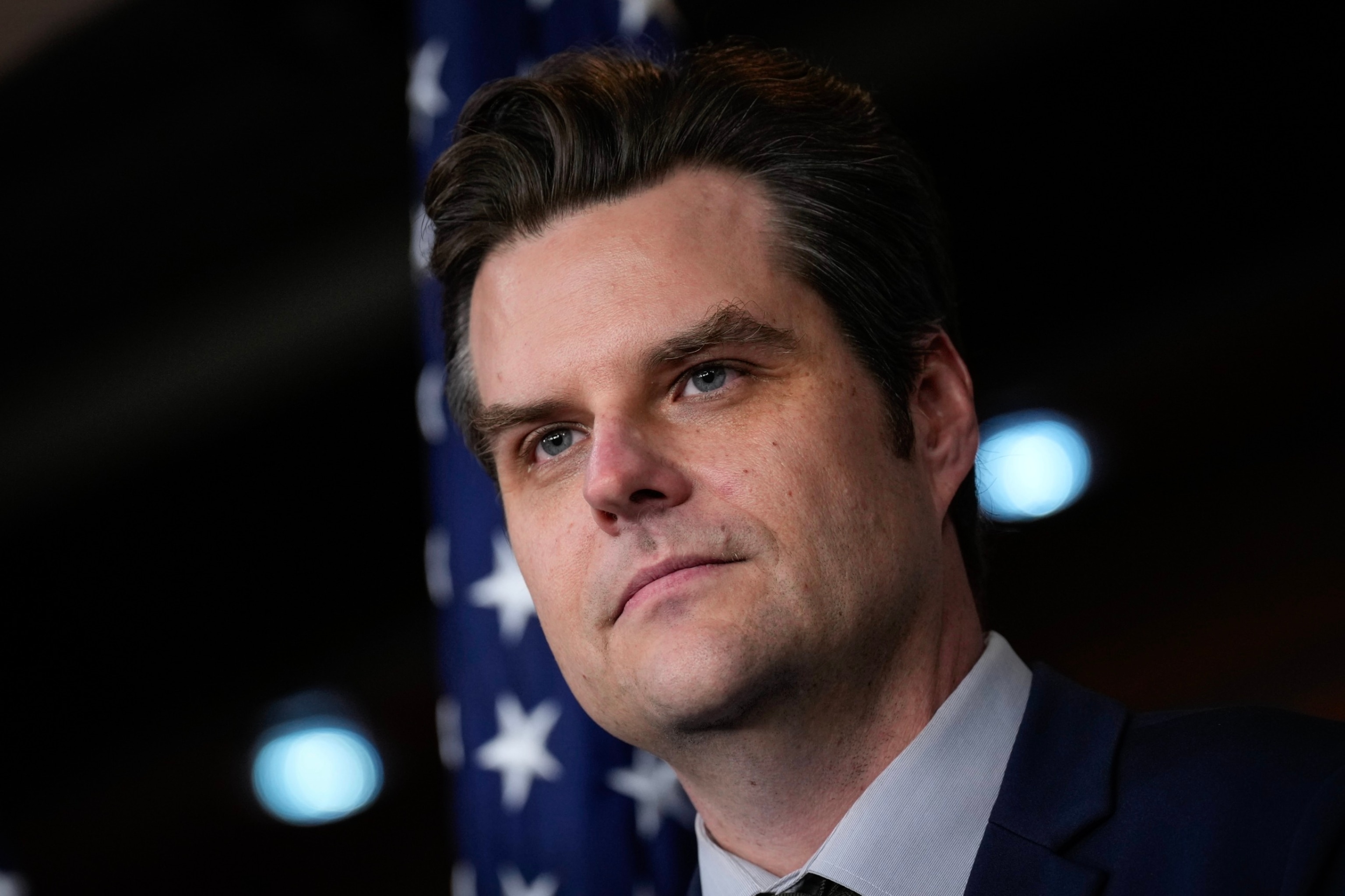 PHOTO: Rep. Matt Gaetz looks on during a news conference about unidentified aerial phenomena (UAP) transparency on Capitol Hill in Washington, D.C., Nov. 30, 2023.