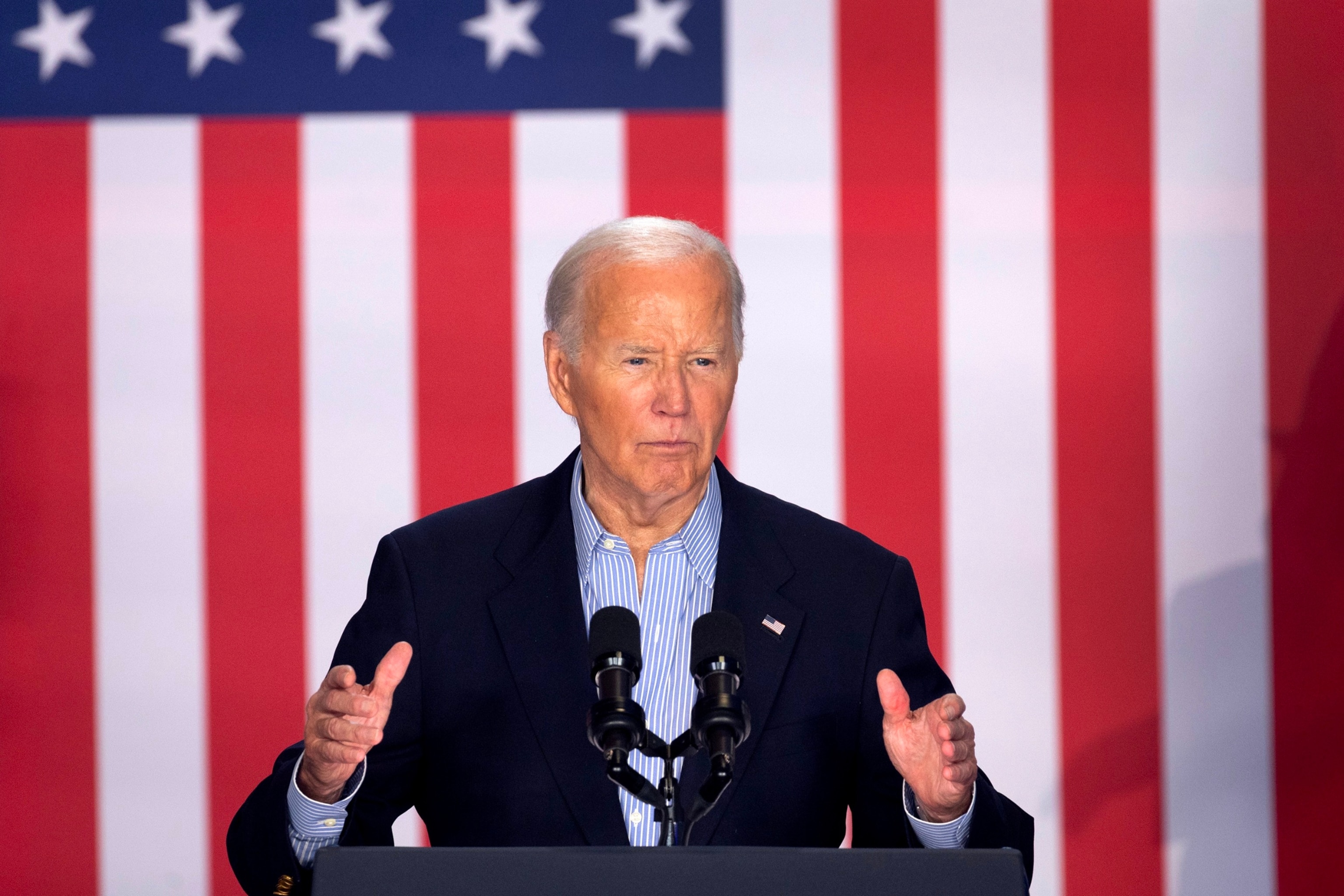 PHOTO: President Joe Biden speaks to supporters during a campaign rally at Sherman Middle School, on July 5, 2024, in Madison, Wisconsin. 