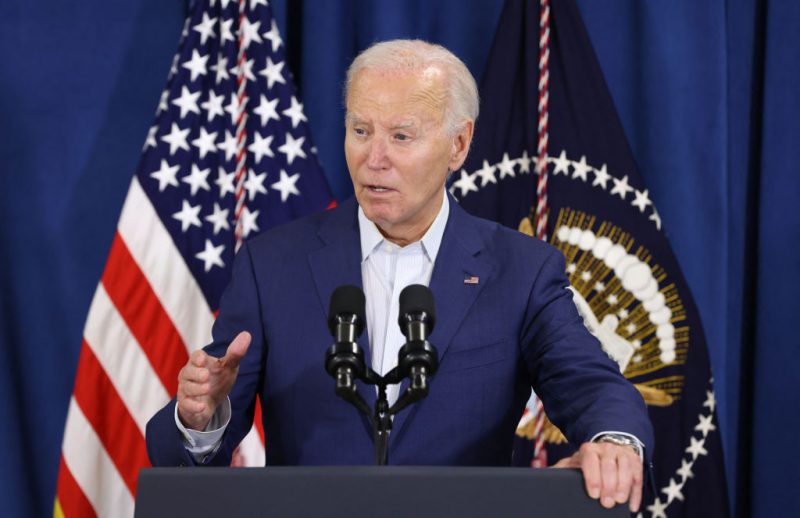 TOPSHOT - US President Joe Biden speaks after his Republican opponent Donald Trump was injured following a shooting at an election rally in Pennsylvania, at the Rehoboth Beach Police Department, in Rehoboth Beach, Delaware, July 13, 2024. US President Joe Biden led the condemnation after his election rival Donald Trump was wounded in a shooting incident at a rally in Pennsylvania July 13 that also reportedly killed at least one bystander.
