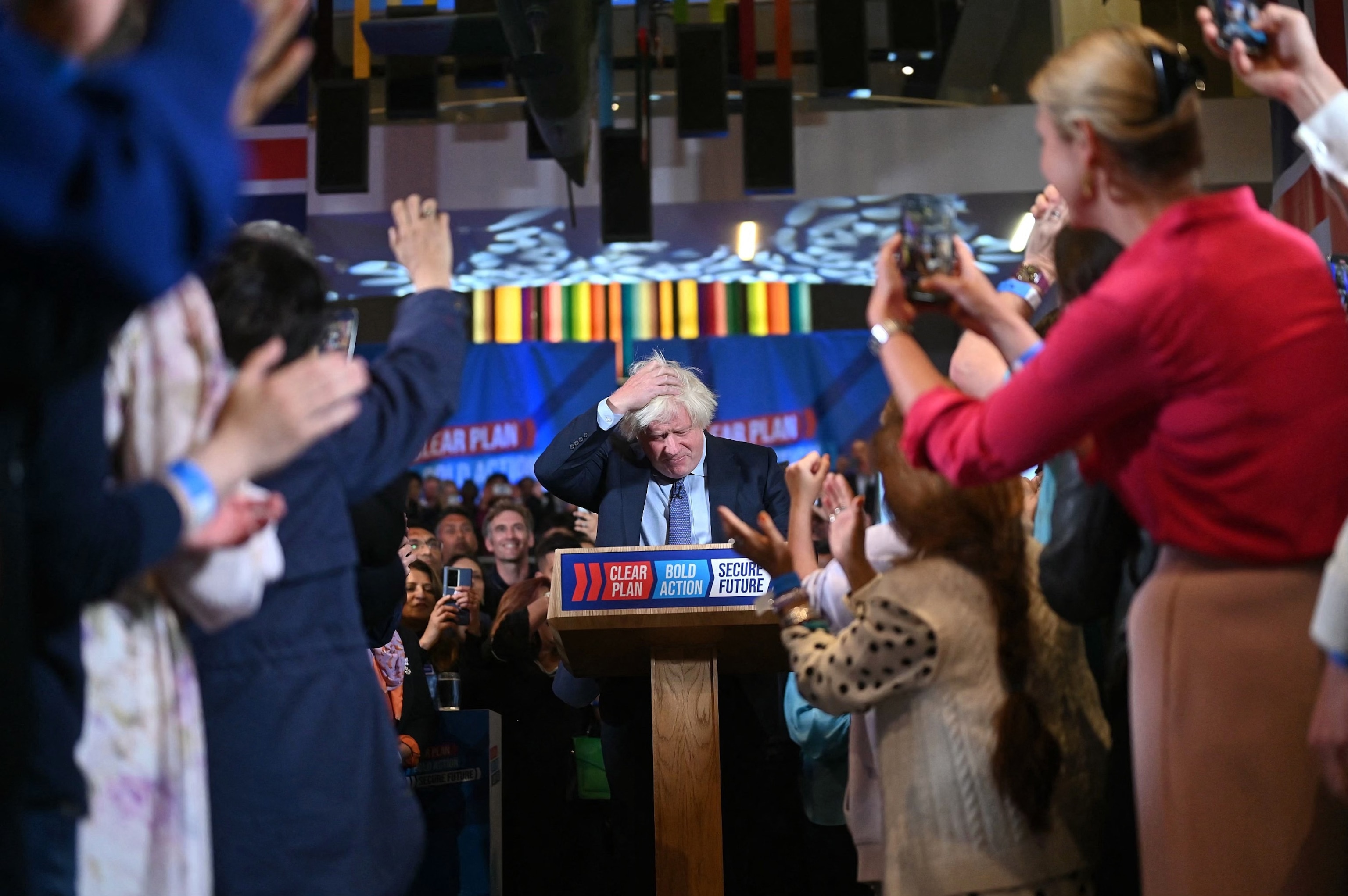 PHOTO: Former British prime minister Boris Johnson addresses Conservative Party supporters at the National Army Museum in London on July 2, 2024.