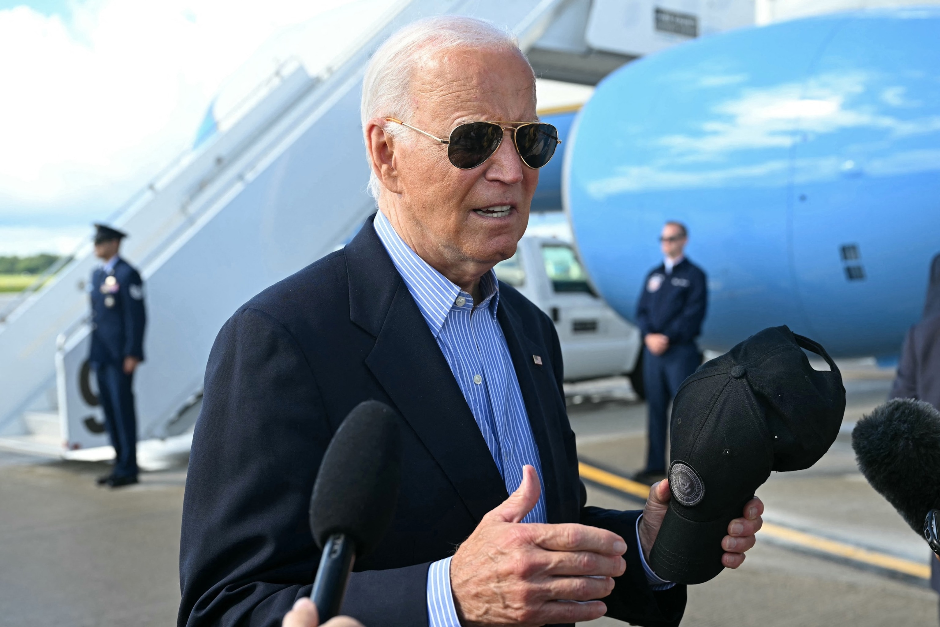 PHOTO: President Joe Biden speaks with the press before boarding Air Force One prior to departure from Dane County Regional Airport in Madison, Wisconsin, July 5, 2024.