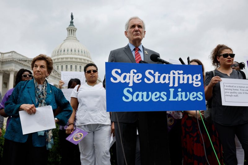WASHINGTON, DC - JUNE 05: Rep. Jan Schakowsky (D-IL) (L) and Rep. Lloyd Doggett (D-TX) join members of the Service Employees International Union for a news conference about nursing home staffing shortages outside the U.S. Capitol on June 05, 2024 in Washington, DC. The Biden Administration set national minimum staffing requirements for nursing homes in April but lawmakers said more needs to be done. (Photo by Chip Somodevilla/Getty Images)
