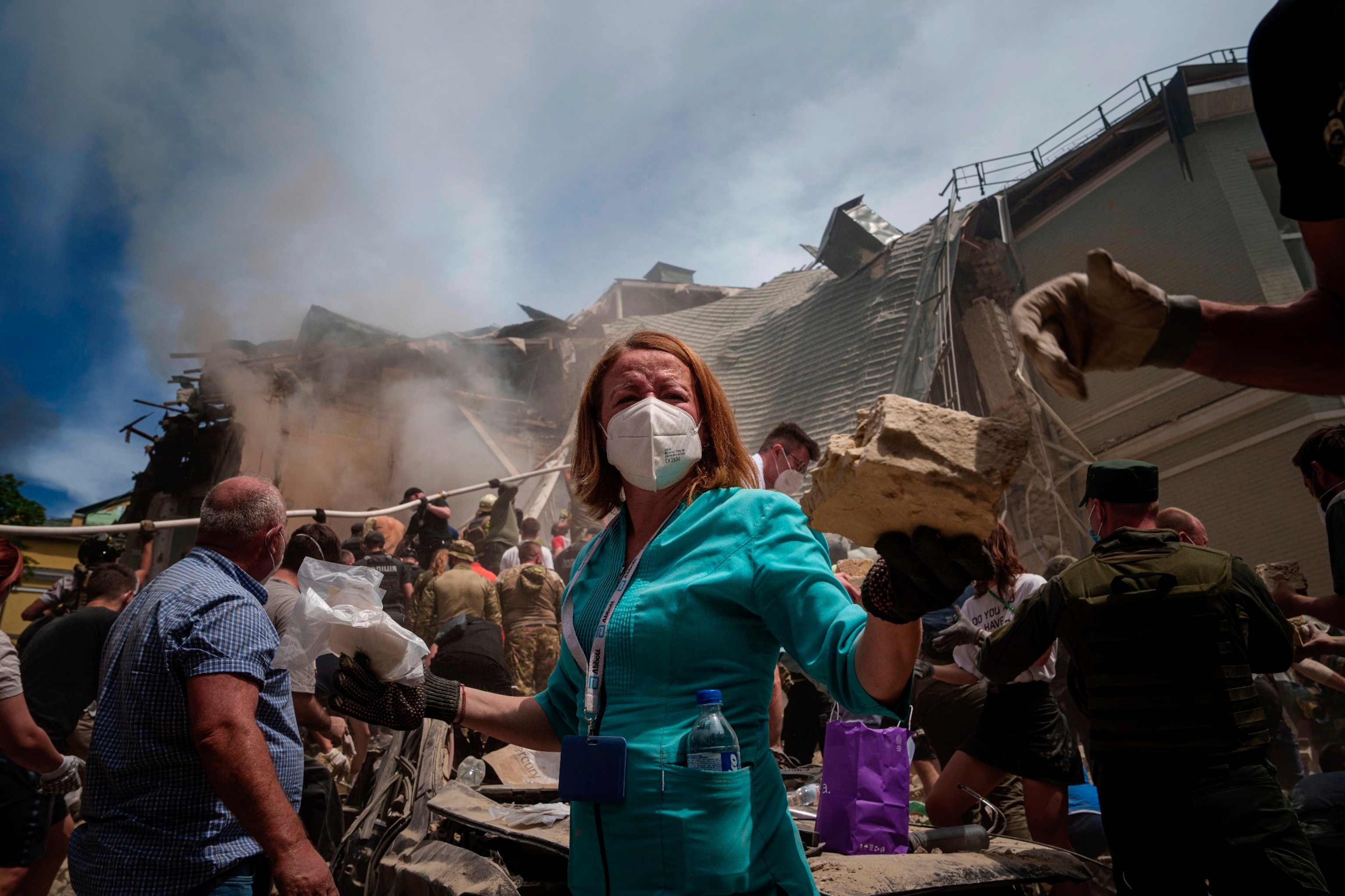 PHOTO: Emergency workers at the site of Okhmatdyt childrenâs hospital hit by Russian missiles, in Kyiv, Ukraine, Monday, July 8, 2024. 