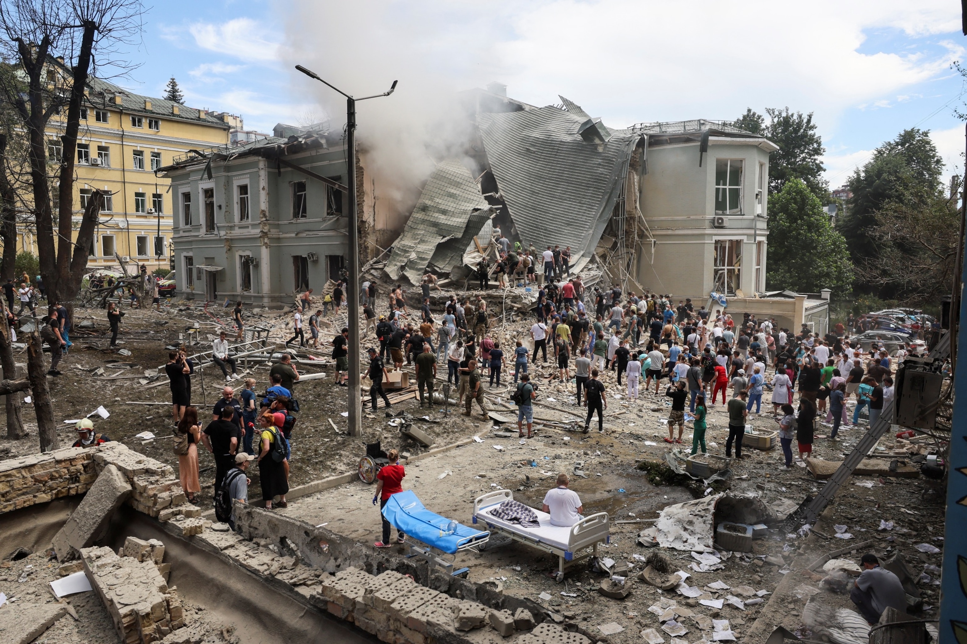 PHOTO: Rescuers work at Ohmatdyt Children's Hospital that was damaged during a Russian missile strikes, amid Russia's attack on Ukraine, in Kyiv, Ukraine July 8, 2024.