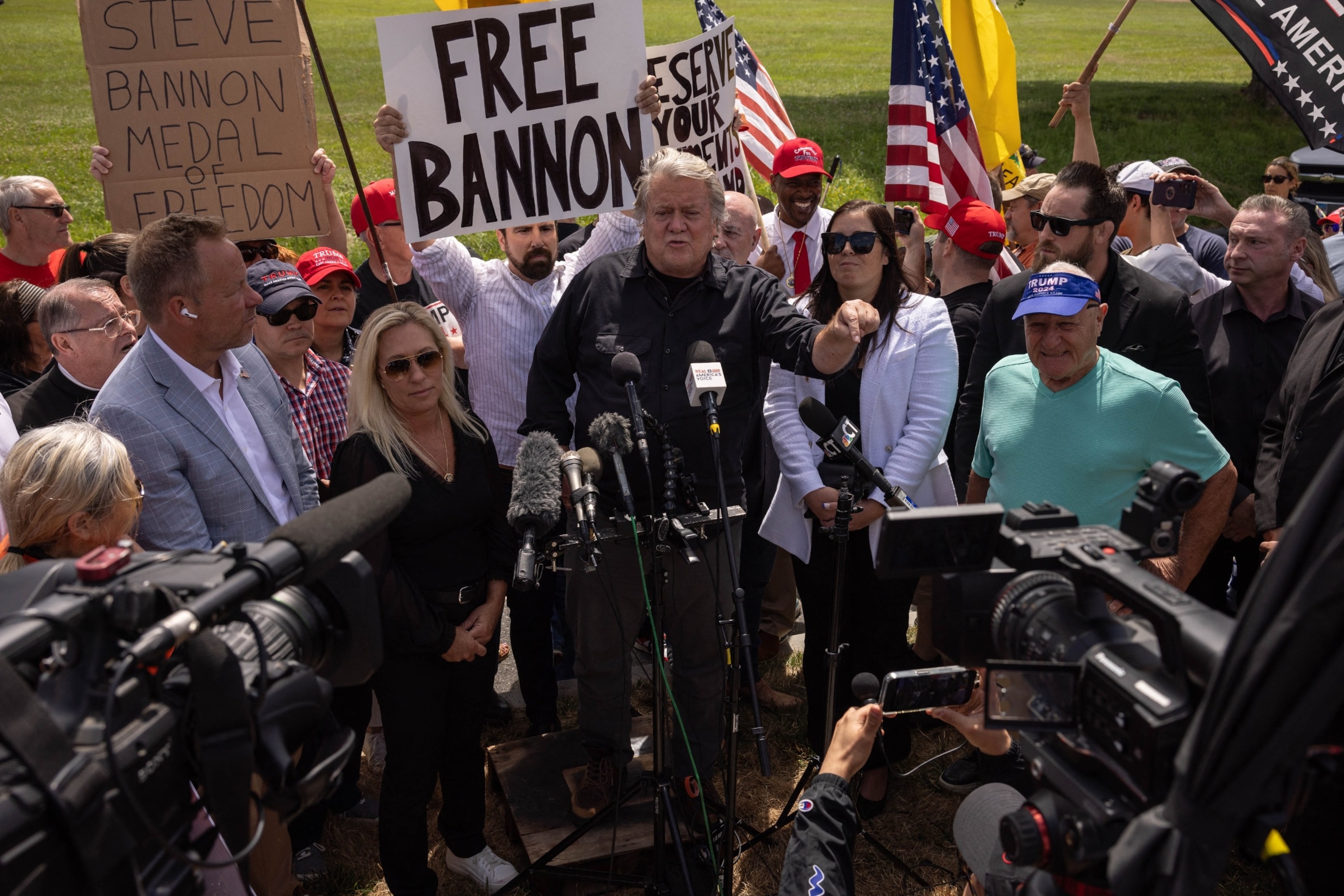 PHOTO: Steve Bannon speaks outside Danbury Federal Correctional Institution with Rep. Marjorie Taylor-Green, July 1, 2024, in Danbury, Conn. 