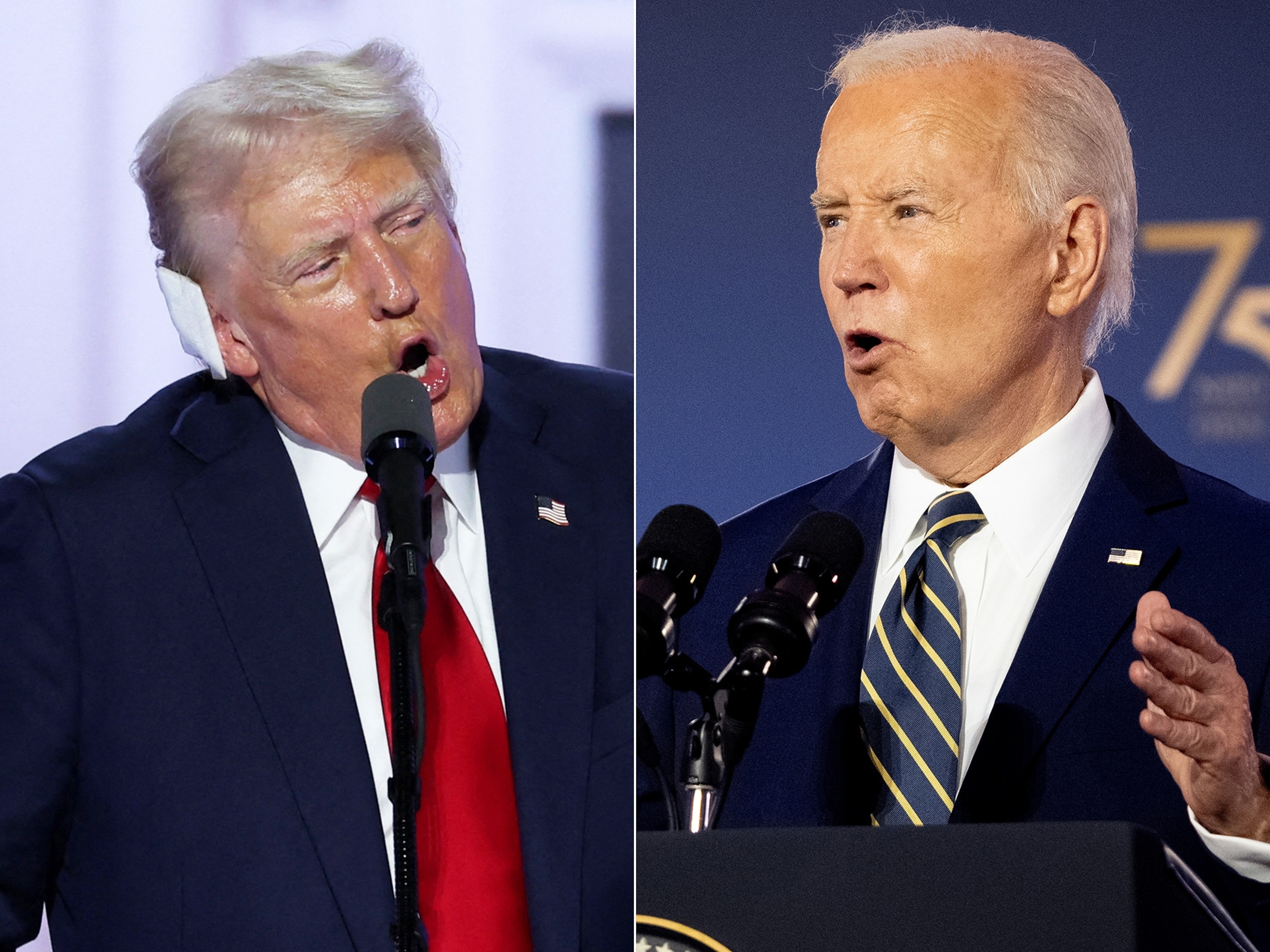PHOTO: Republican presidential nominee and former President Donald Trump gives his acceptance speech at the RNC in Milwaukee, Wisconsin, on July 18, 2024. | President Joe Biden speaks during an event on July 9, 2024 in Washington, D.C. 