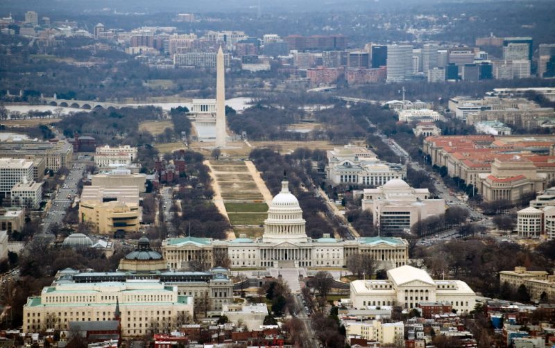 The skyline of Washington, DC, including the US Capitol building, Washington Monument, Lincoln Memorial and National Mall, is seen from the air, January 29, 2010. AFP PHOTO / Saul LOEB (Photo credit should read SAUL LOEB/AFP via Getty Images)