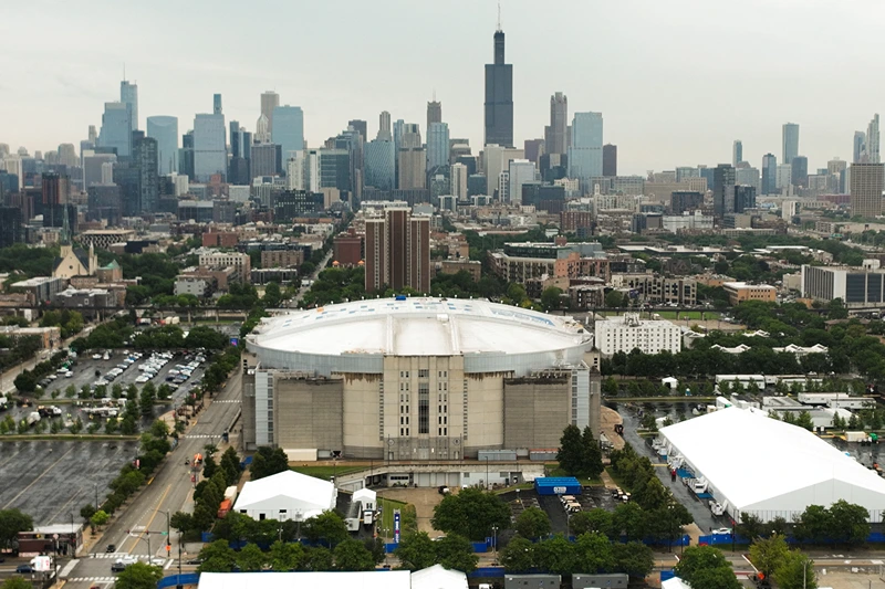 This aerial view shows the United Center and the skyline in Chicago, Illinois, on August 1, 2024. Chicago will host the 2024 Democratic National Convention at the nearby United Center from August 19 through August 22. (Photo by TANNEN MAURY / AFP) (Photo by TANNEN MAURY/AFP via Getty Images)