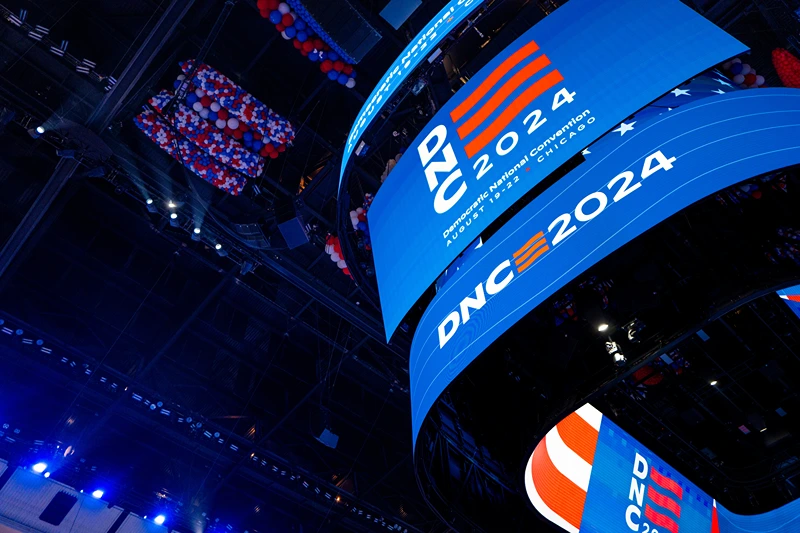 CHICAGO, ILLINOIS - AUGUST 16: A scoreboard displays 'DNC 2024' ahead of the Democratic National Convention (DNC) at the United Center on August 16, 2024 in Chicago, Illinois. The United Center will host the DNC, which is officially scheduled to kick off on Monday, August 19 and run through Thursday, August 22. (Photo by Brandon Bell/Getty Images)