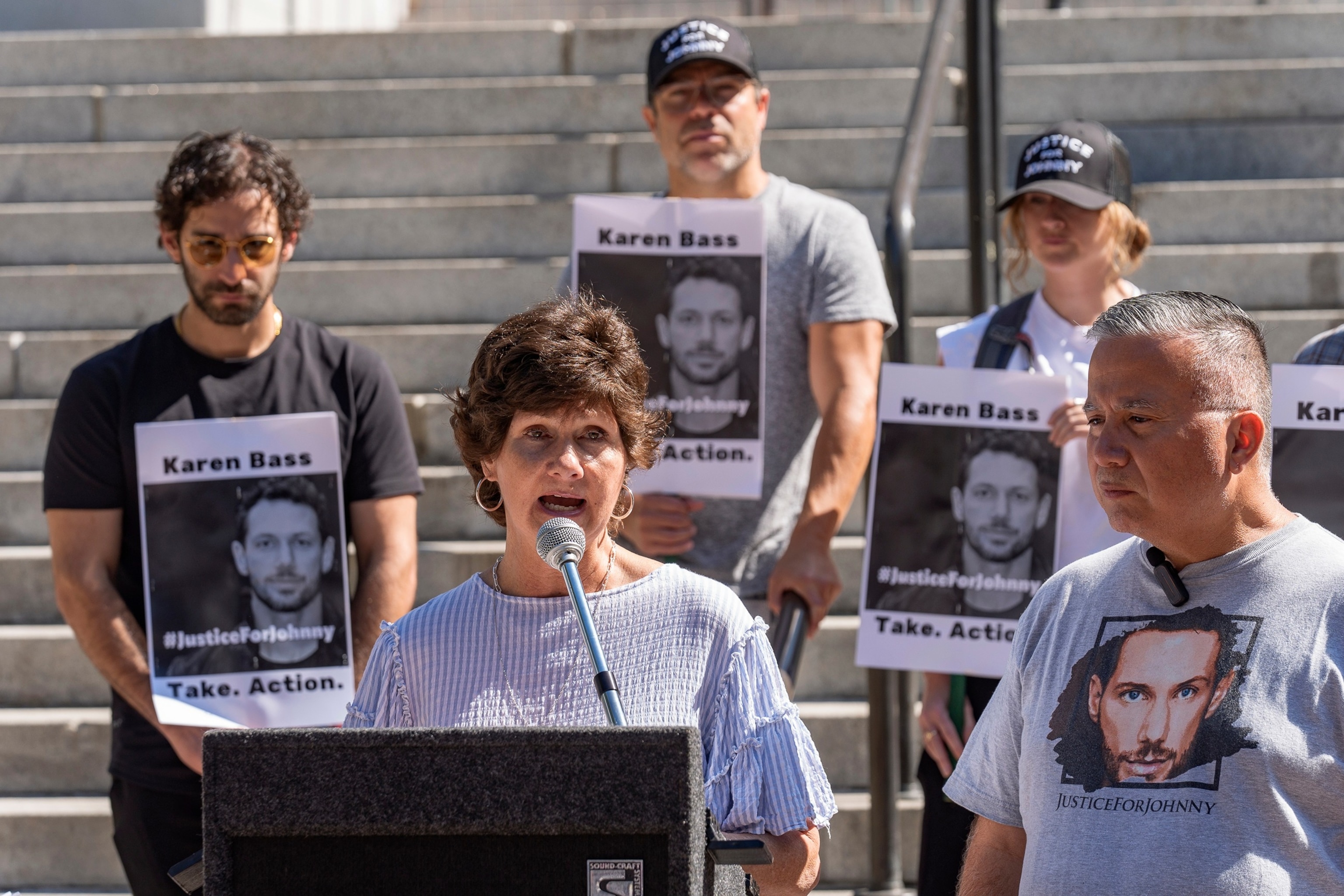 PHOTO: Scarlett Wactor, the mother of late actor Johnny Wactor, speaks during a news conference outside Los Angeles City Hall in Los Angeles, Tuesday, Aug. 13, 2024, asking to help find the suspects that murdered the former "General Hospital" actor. 