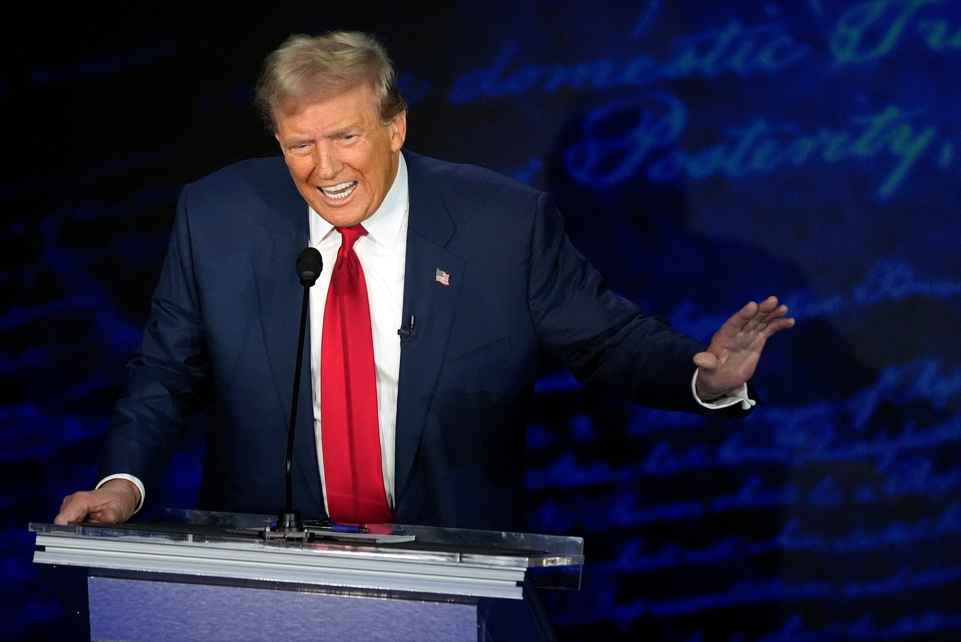 PHOTO: Republican presidential nominee former President Donald Trump speaks during a presidential debate with Democratic presidential nominee Vice President Kamala Harris, Sept.10, 2024, in Philadelphia. 