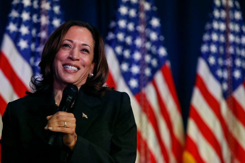 KALAMAZOO, MICHIGAN - JULY 17: US Vice President Kamala Harris speaks at a moderated conversation with former Trump administration national security official Olivia Troye and former Republican voter Amanda Stratton on July 17, 2024 in Kalamazoo, Michigan. Harris' visit, following the attempted assassination of former President Trump, makes this her fourth trip to Michigan this year and seventh visit since taking office. (Photo by Chris duMond/Getty Images)