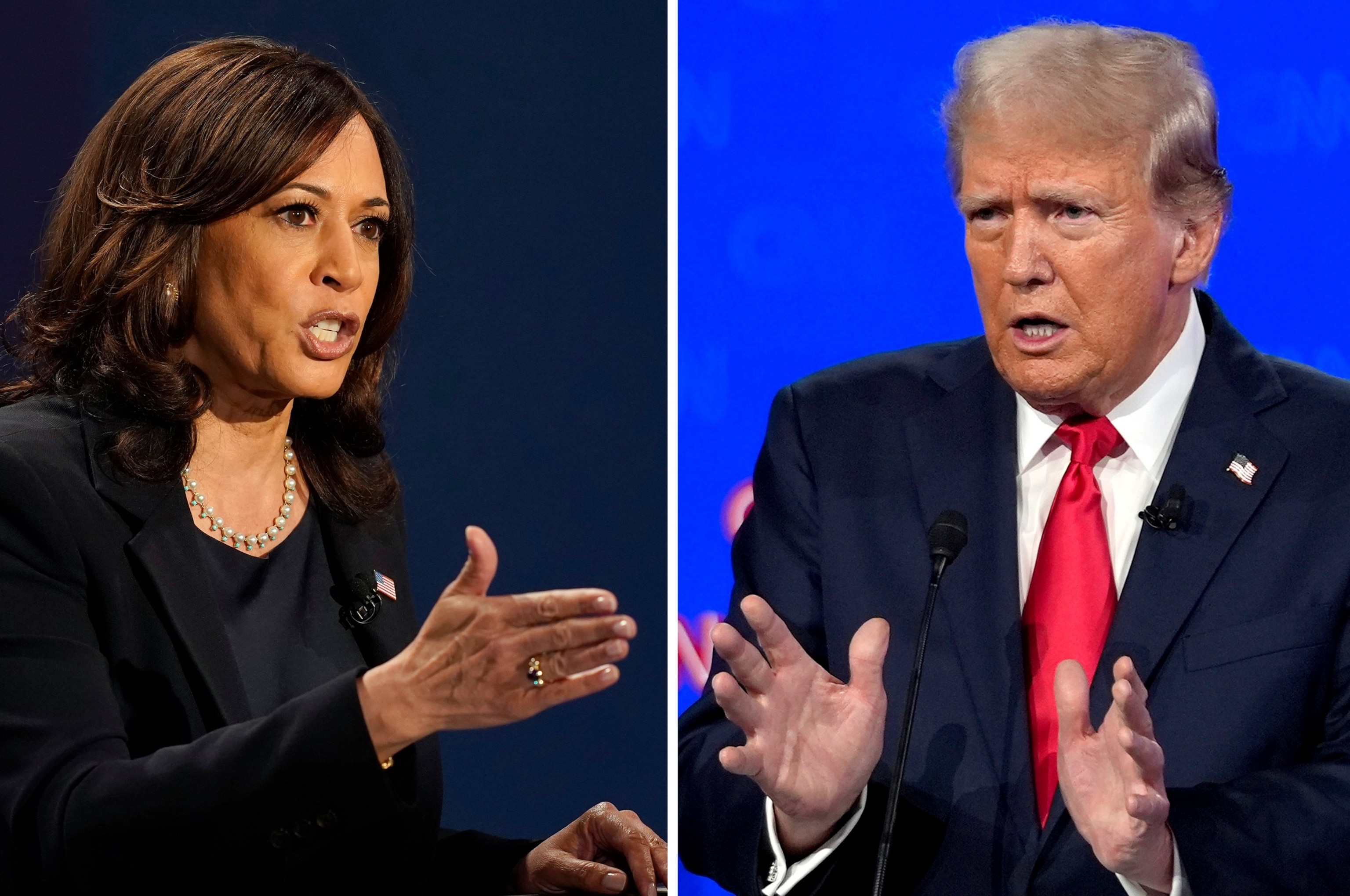 PHOTO: Democratic vice presidential candidate Sen. Kamala Harris, speaks during a debate, Oct. 7, 2020, in Salt Lake City, left, Republican presidential candidate former President Donald Trump speaks during a debate, June 27, 2024, in Atlanta. 