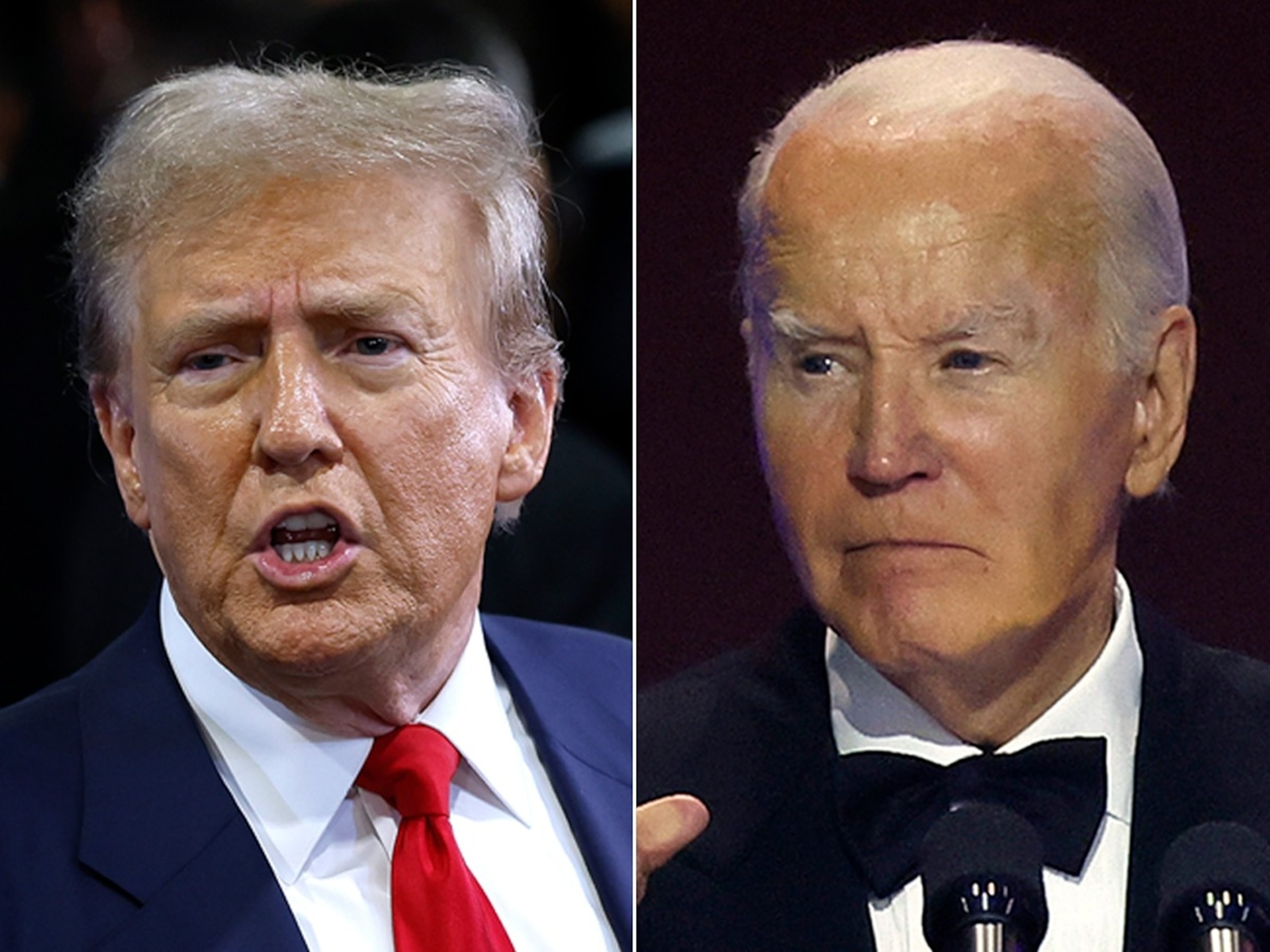 PHOTO: Republican presidential nominee, former President Donald Trump talks to journalists, Sept. 10, 2024, in Philadelphia. President Joe Biden at the Congressional Black Caucus Foundation 2024 Phoenix Awards, Sept. 14, 2024 in Washington, D.C. 