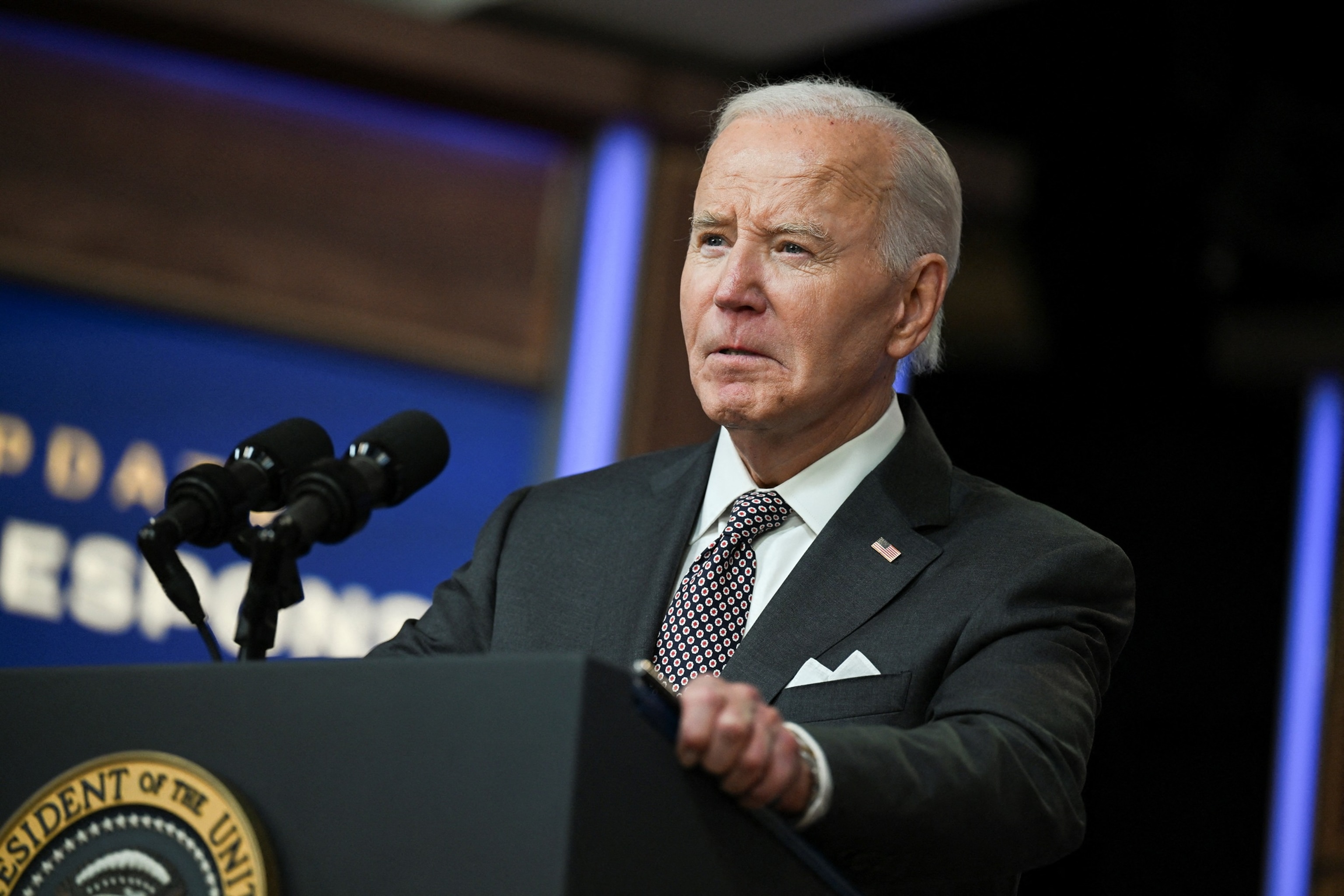 PHOTO: President Biden delivers remarks on the initial impacts of Hurricane Milton in the South Court Auditorium of the Eisenhower Executive office building in Washington, Oct. 10, 2024.