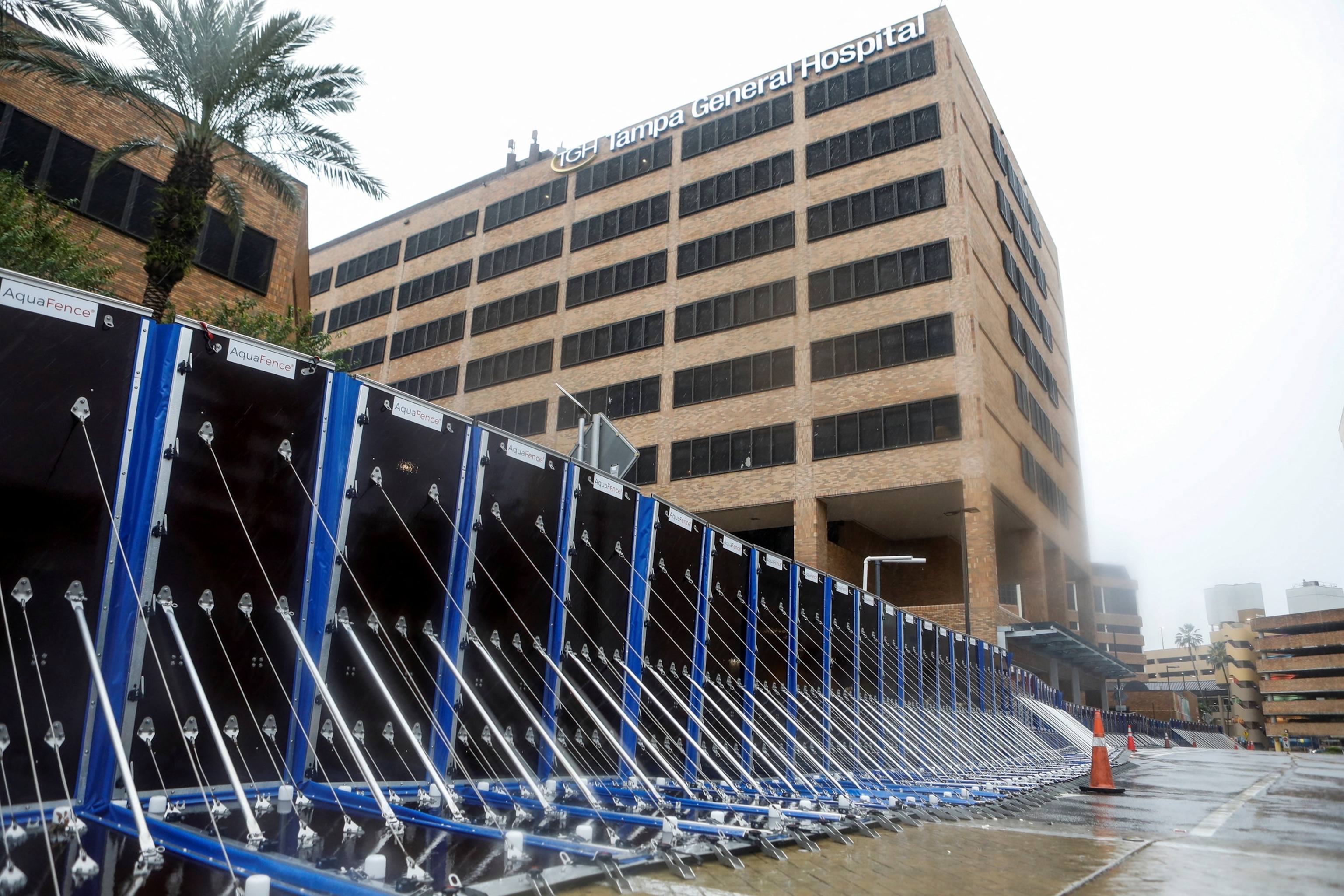 PHOTO: A view shows a barrier at Tampa General Hospital, as Hurricane Milton approaches landfall in Tampa, Fla., Oct. 9, 2024.