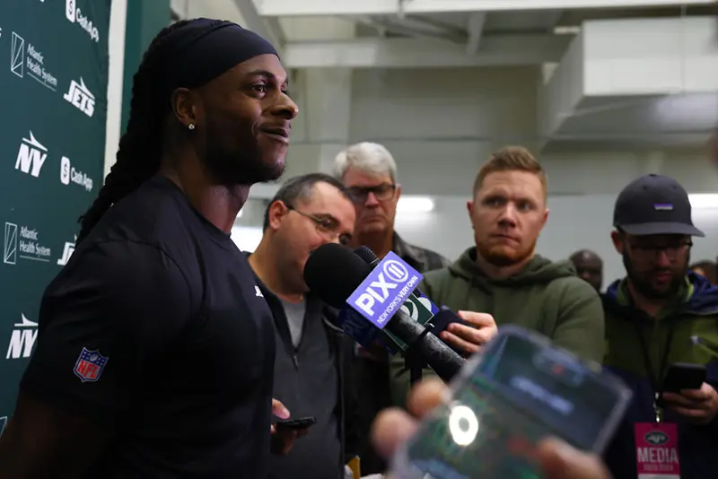 Davante Adams #17 of the New York Jets speaks to members of the media at the Atlantic Health Jets Training Center on October 16, 2024 in Florham Park, New Jersey. (Photo by Ed Mulholland/Getty Images)