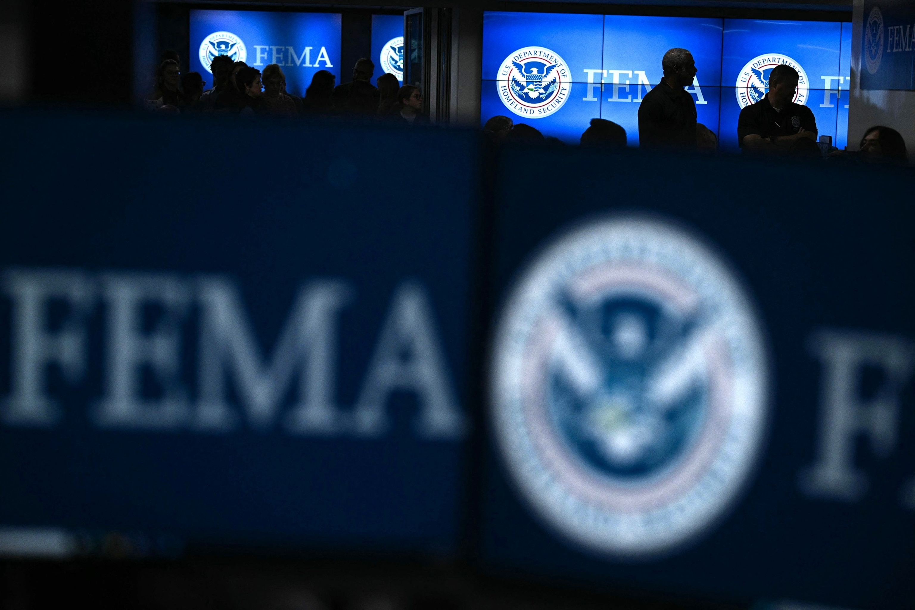 PHOTO: A view inside FEMA headquarters as US Vice President and Democratic presidential candidate Kamala Harris attends a briefing at FEMA headquarters in Washington, D.C., on Sept. 30, 2024. 