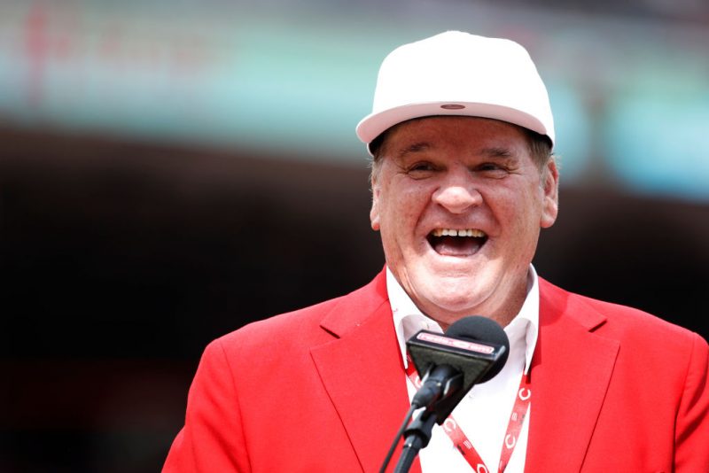 CINCINNATI, OH - JUNE 17: Former Cincinnati Reds great Pete Rose reacts during a statue dedication ceremony prior to a game against the Los Angeles Dodgers at Great American Ball Park on June 17, 2017 in Cincinnati, Ohio. The Dodgers defeated the Reds 10-2. (Photo by Joe Robbins/Getty Images)