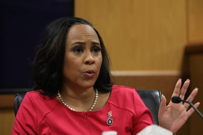  Fulton County District Attorney Fani Willis testifies during a hearing in the case of the State of Georgia v. Donald John Trump at the Fulton County Courthouse on February 15, 2024 in Atlanta, Georgia. Judge Scott McAfee is hearing testimony as to whether Willis and Special Prosecutor Nathan Wade should be disqualified from the case for allegedly lying about a personal relationship. (Photo by Alyssa Pointer-Pool/Getty Images)