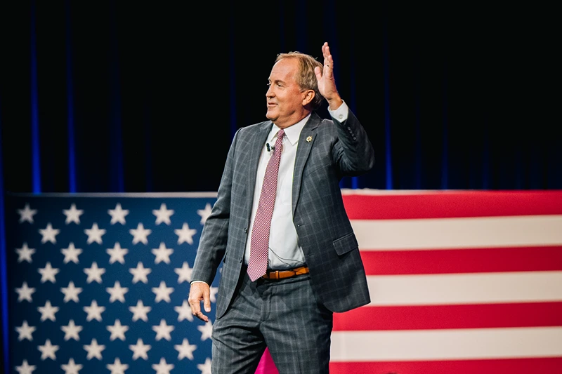 DALLAS, TEXAS - JULY 11: Texas Attorney General Ken Paxton waves after speaking during the Conservative Political Action Conference CPAC held at the Hilton Anatole on July 11, 2021 in Dallas, Texas. CPAC began in 1974, and is a conference that brings together and hosts conservative organizations, activists, and world leaders in discussing current events and future political agendas. (Photo by Brandon Bell/Getty Images)