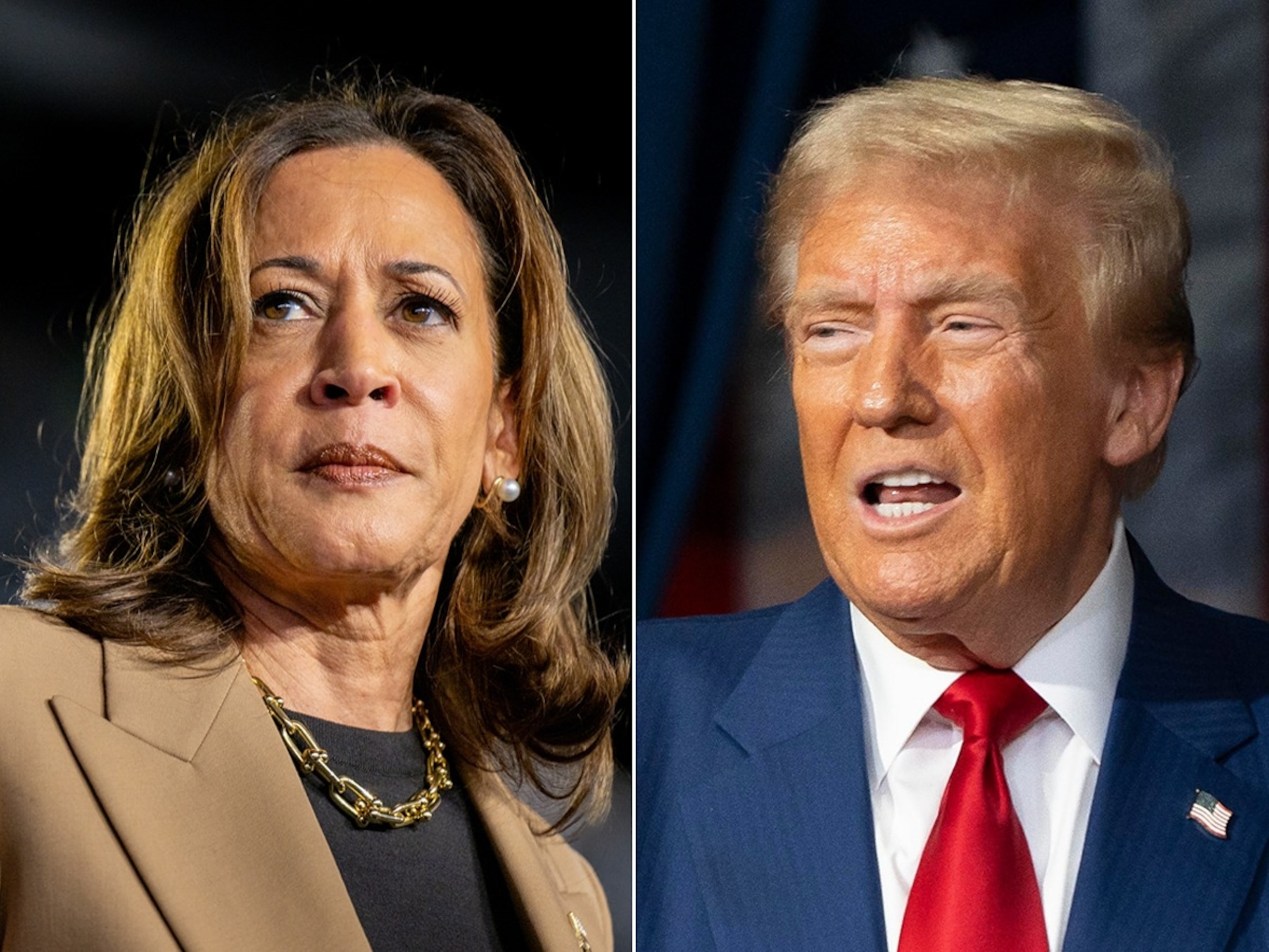 PHOTO: Vice President Kamala Harris speaks during a campaign rally, Oct. 10, 2024, in Chandler, Ariz. Republican presidential nominee, former President Donald Trump takes the stage during a campaign rally, Oct. 13, 2024, in Prescott Valley, Ariz.