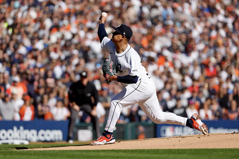 Detroit Tigers starting pitcher Keider Montero (54) pitches against the Cleveland Guardians during the first inning during game three of the ALDS for the 2024 MLB Playoffs at Comerica Park. Mandatory Credit: Rick Osentoski-Imagn Images