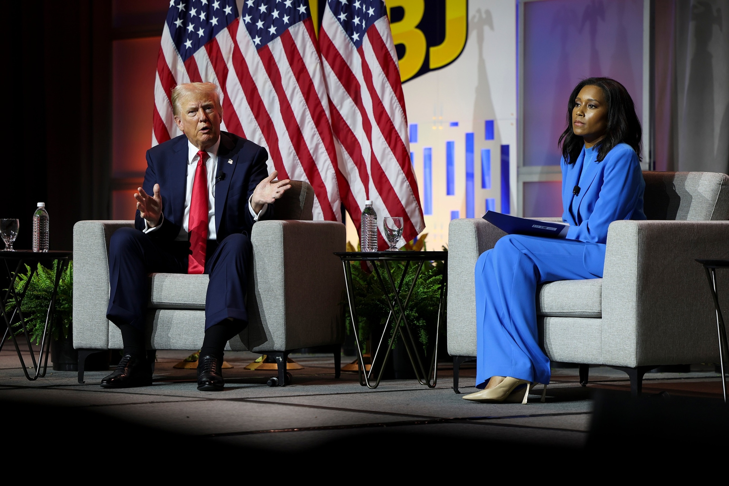 PHOTO: Former President Donald Trump answers a question while participating in a Q&A with Rachel Scott, during the National Association of Black Journalists Annual Convention and Career Fair at Hilton Chicago, July 31, 2024, in Chicago. 