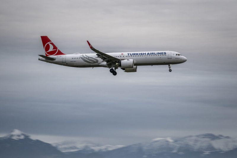 This photograph taken on January 23, 2024 shows an Airbus A321-271NX commercial plane of Turkish Airlines landing at Geneva Airport. (Photo by Fabrice COFFRINI / AFP) (Photo by FABRICE COFFRINI/AFP via Getty Images)