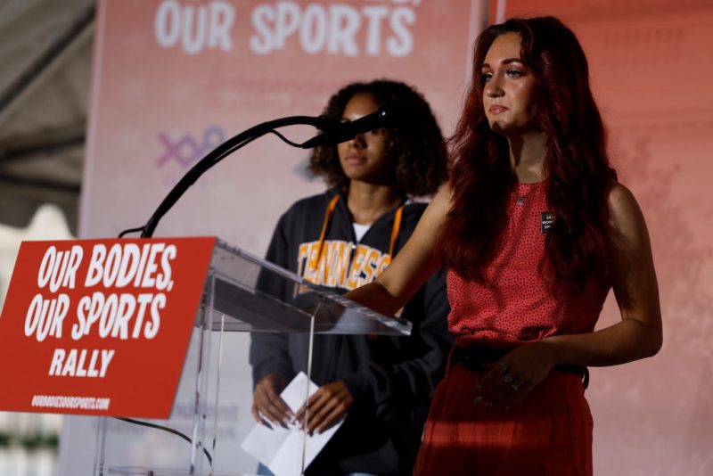 WASHINGTON, DC - JUNE 23: Selina Soule and Alanna Smith, two former Connecticut high school track athletes, speak during an "Our Bodies, Our Sports" rally for the 50th anniversary of Title IX at Freedom Plaza on June 23, 2022 in Washington, DC. The rally, organized by multiple athletic women's groups, was held to call on U.S. President Joe Biden to put restrictions on transgender females and "advocate to keep women's sports female". (Photo by Anna Moneymaker/Getty Images)