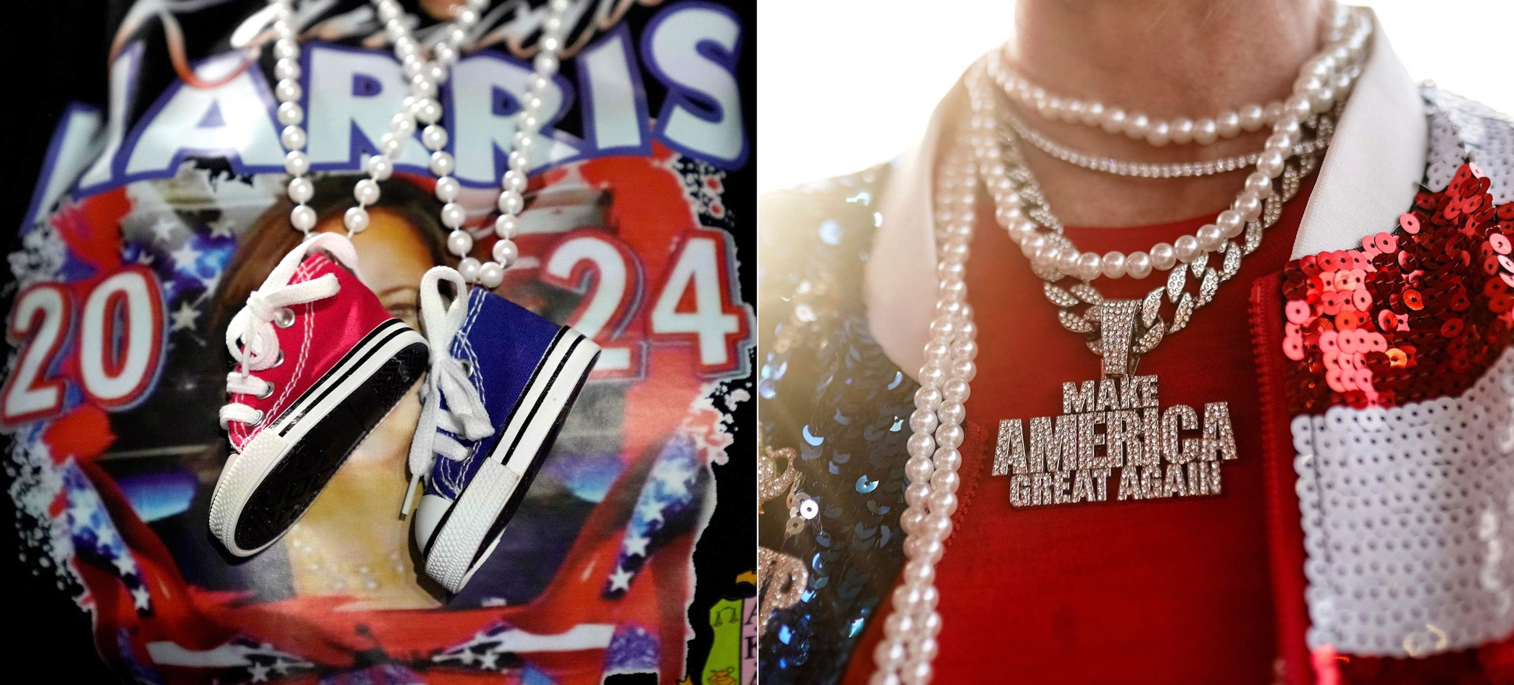 PHOTO: A supporter attends a rally by Democratic presidential nominee Vice President Kamala Harris, Nov. 3, 2024, in East Lansing, Mich., and a supporter attends a rally by Republican presidential candidate Donald Trump in Macon, Georgia, Nov. 3, 2024.