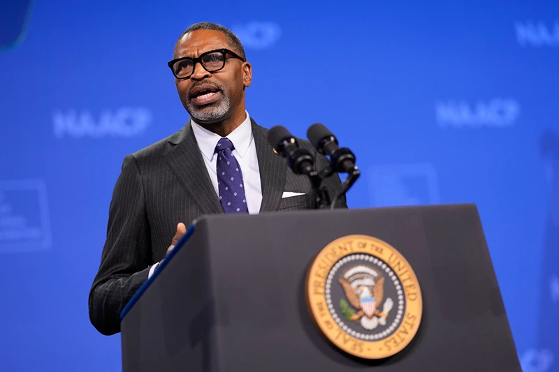 Derrick Johnson, President of the NAACP, introduces US President Joe Biden (off frame) at the 115th National Association for the Advancement of Colored People (NAACP) National Convention in in Las Vegas, Nevada, on July 16, 2024. (Photo by Kent Nishimura / AFP) (Photo by KENT NISHIMURA/AFP via Getty Images)