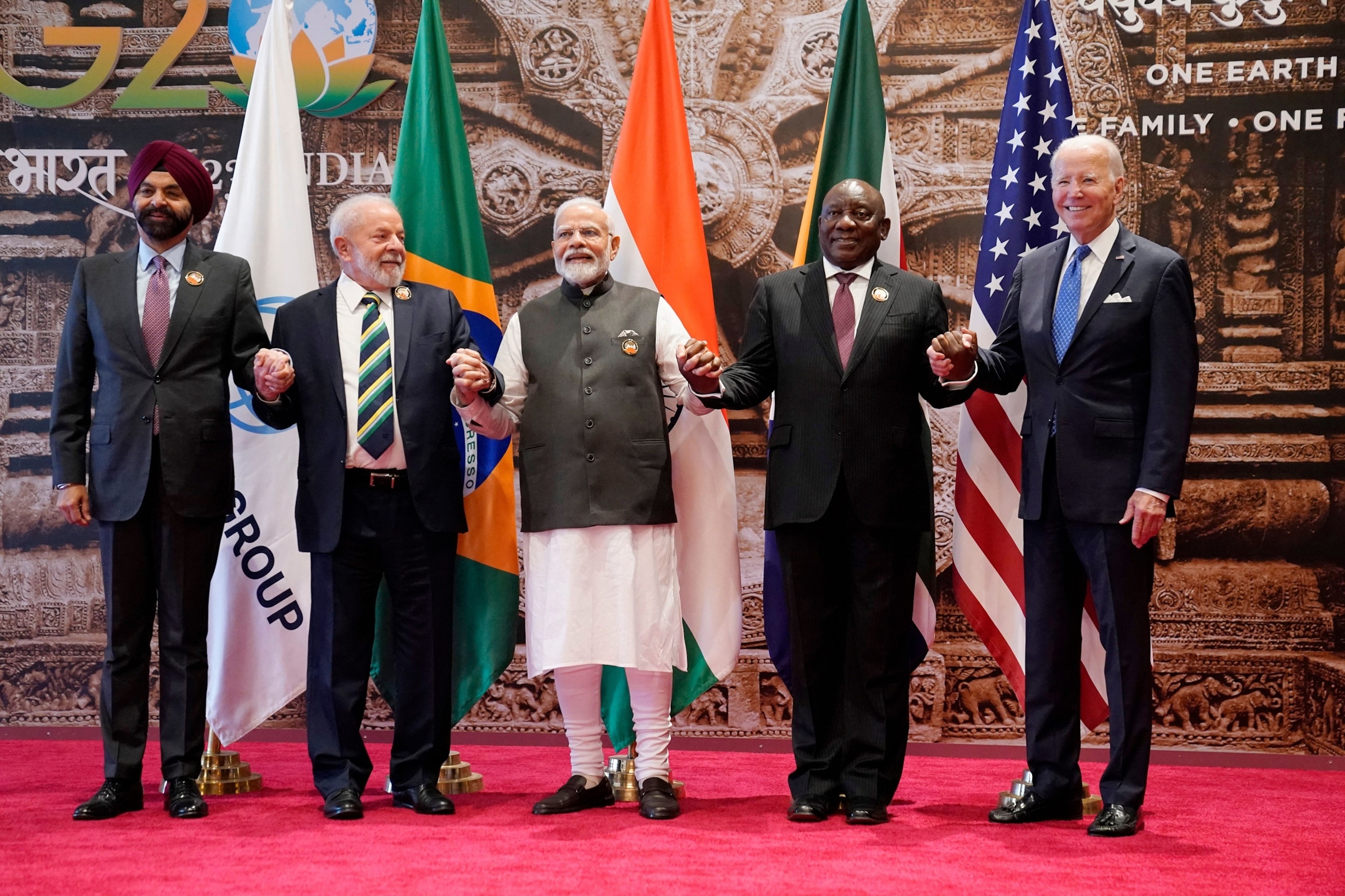 PHOTO: President Joe Biden poses for a group photograph after a session at the G20 Leaders' Summit in New Delhi, Sept. 9, 2023. 