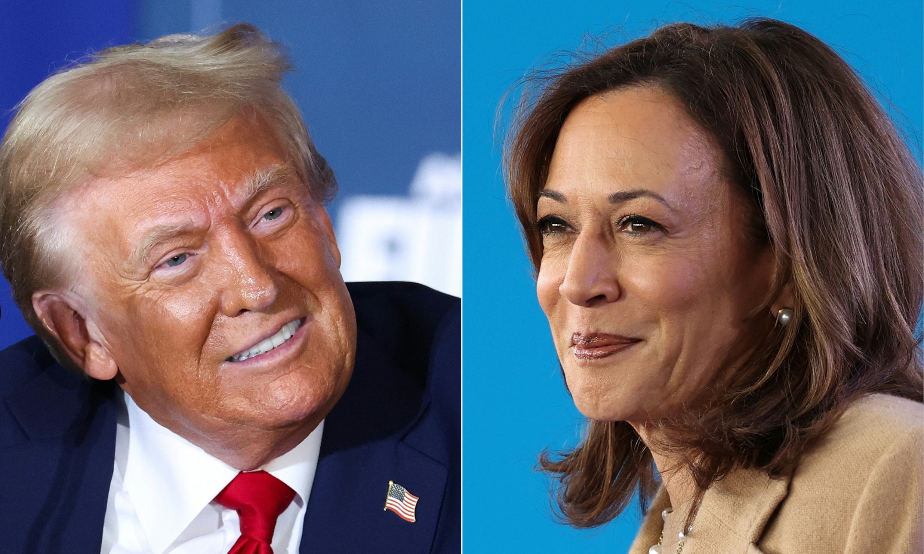 PHOTO: Former President and Republican presidential candidate Donald Trump takes part in a roundtable discussion in Drexel Hill, Penn, on Oct. 29, 2024 | Vice President and Democratic presidential candidate Kamala Harris in Charlotte, on Nov. 2, 2024.