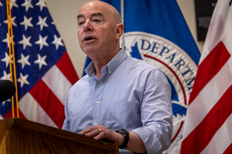 U.S. Department of Homeland Security Secretary Alejandro Mayorkas holds a press conference at a U.S. Border Patrol station on January 08, 2024 in Eagle Pass, Texas. Mayorkas visited Texas border areas where large numbers of migrants had been crossing over the Rio Grande from Mexico just weeks before. The number has recently dropped dramatically, according to Mayorkas since the Mexican government ramped up enforcement actions, slowing many migrants from reaching the U.S. southern border. (Photo by John Moore/Getty Images)