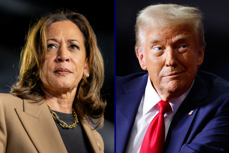 (L) CHANDLER, ARIZONA - OCTOBER 10: Democratic presidential nominee, Vice President Kamala Harris pauses while speaking during a campaign rally at the Rawhide Event Center on October 10, 2024 in Chandler, Arizona. Vice President Harris continues campaigning against Republican presidential nominee, former U.S. President Donald Trump in battleground swing states ahead of the November 5 presidential election. Trump currently has a 2% lead ahead of Harris in the Arizona polls. (Photo by Brandon Bell/Getty Images) / (R) PITTSBURGH, PENNSYLVANIA - NOVEMBER 04: Republican presidential nominee, former President Donald Trump holds a campaign rally at the PPG Paints Arena on November 04, 2024 in Pittsburgh, Pennsylvania. With one day left before the general election, Trump is campaigning for re-election in the battleground states of North Carolina, Pennsylvania and Michigan. (Photo by Chip Somodevilla/Getty Images)